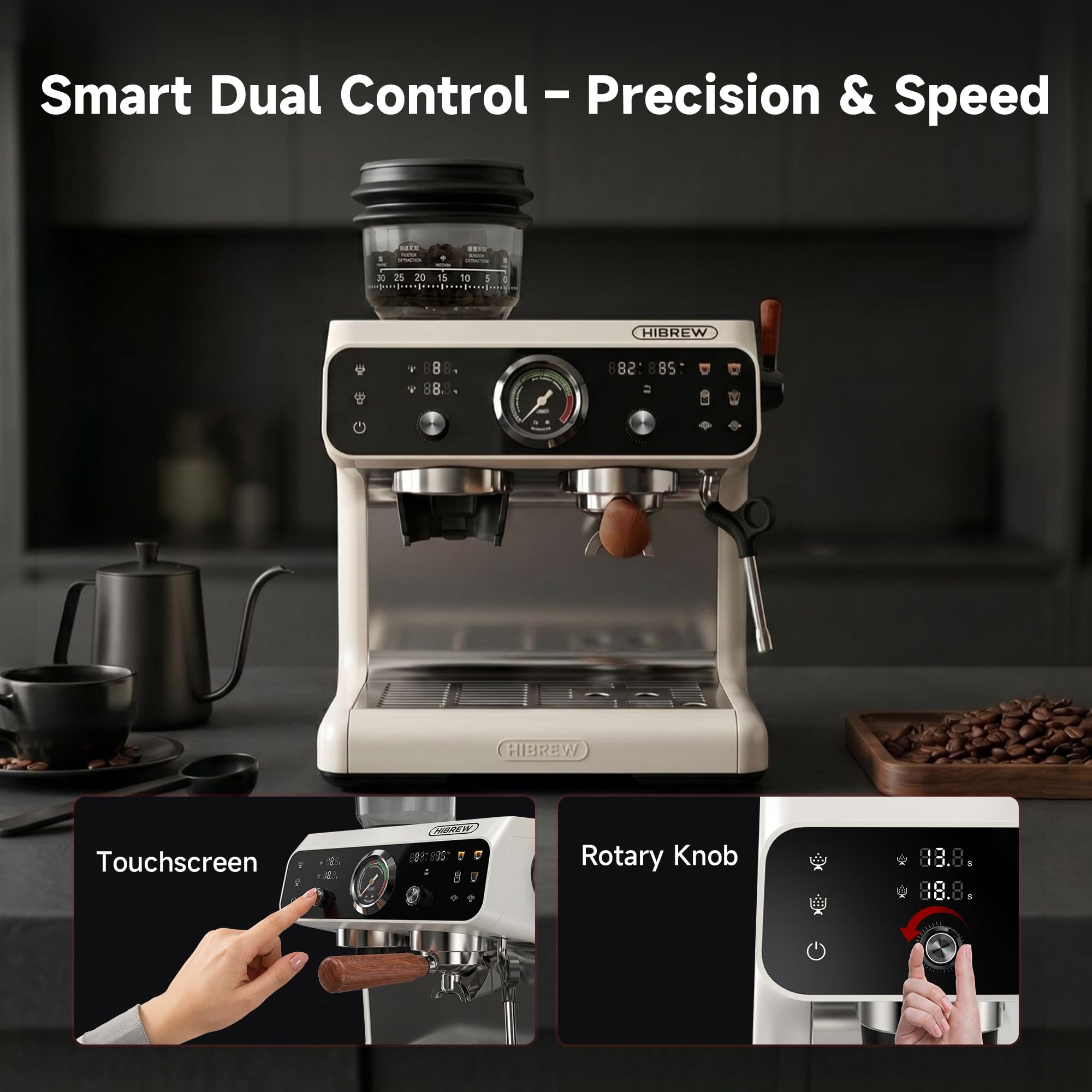 Hibrew H7B Espresso Machine with Built-in Grinder, 30-Position Conical Burr, Dual Heating System, PID Control, 58 mm Portafilter, 2800 W Steam Wand, 2,8 L Water Tank – Semi-Automatic Coffee Maker for