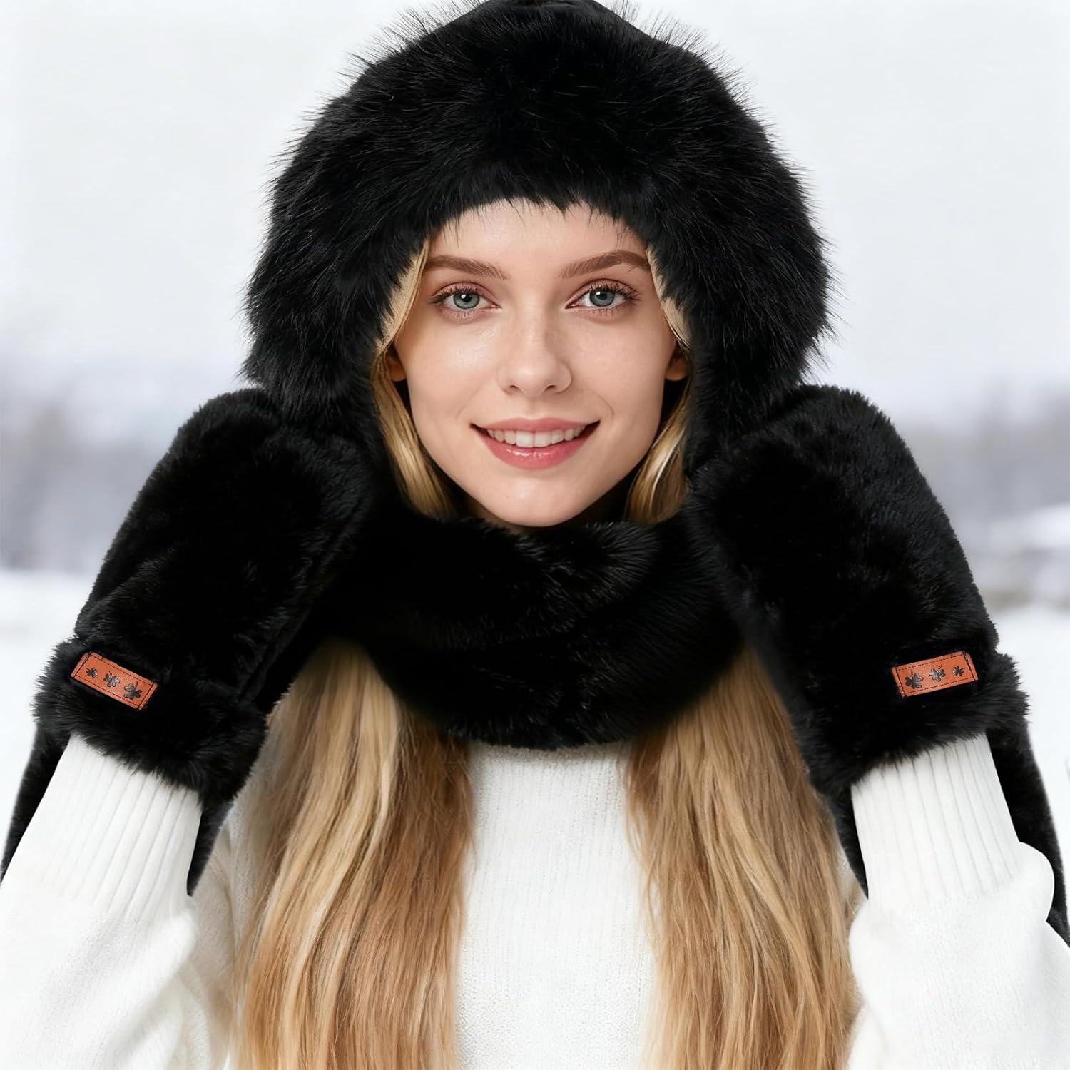 Hooded Scarf for Women Winter - Faux Fur Scarf Hat Gloves 3 in 1 Set Soft Thick Warm - Image 6