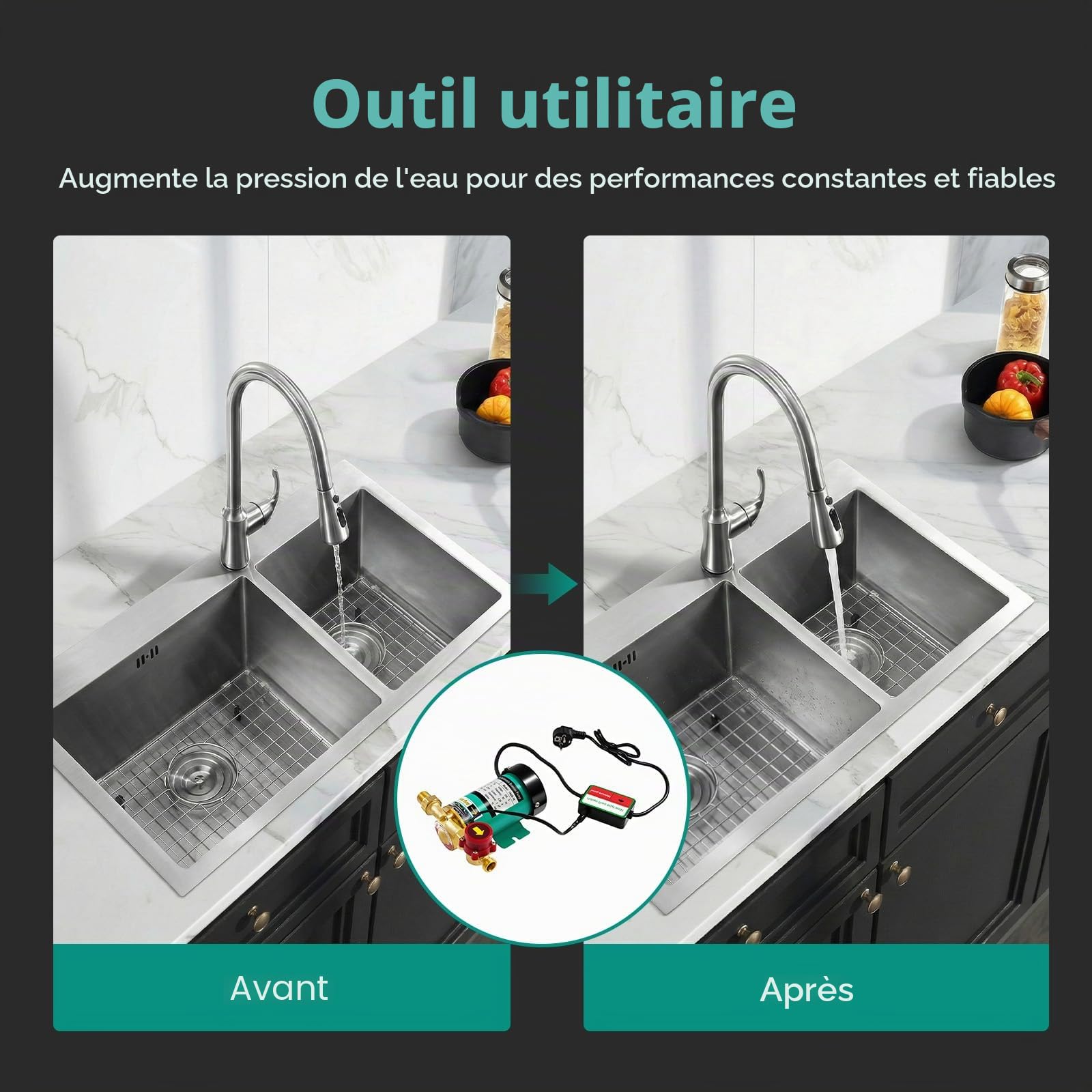 Pompe Pression Eau, Surpresseur Maison 90W, Booster Automatique 220V, Corps Laiton, Pressurisation Instantanée, Douche, Chauffe-Eau, Piscine, Silencieuse IP46, Détection Débit, 20L/min, 10m