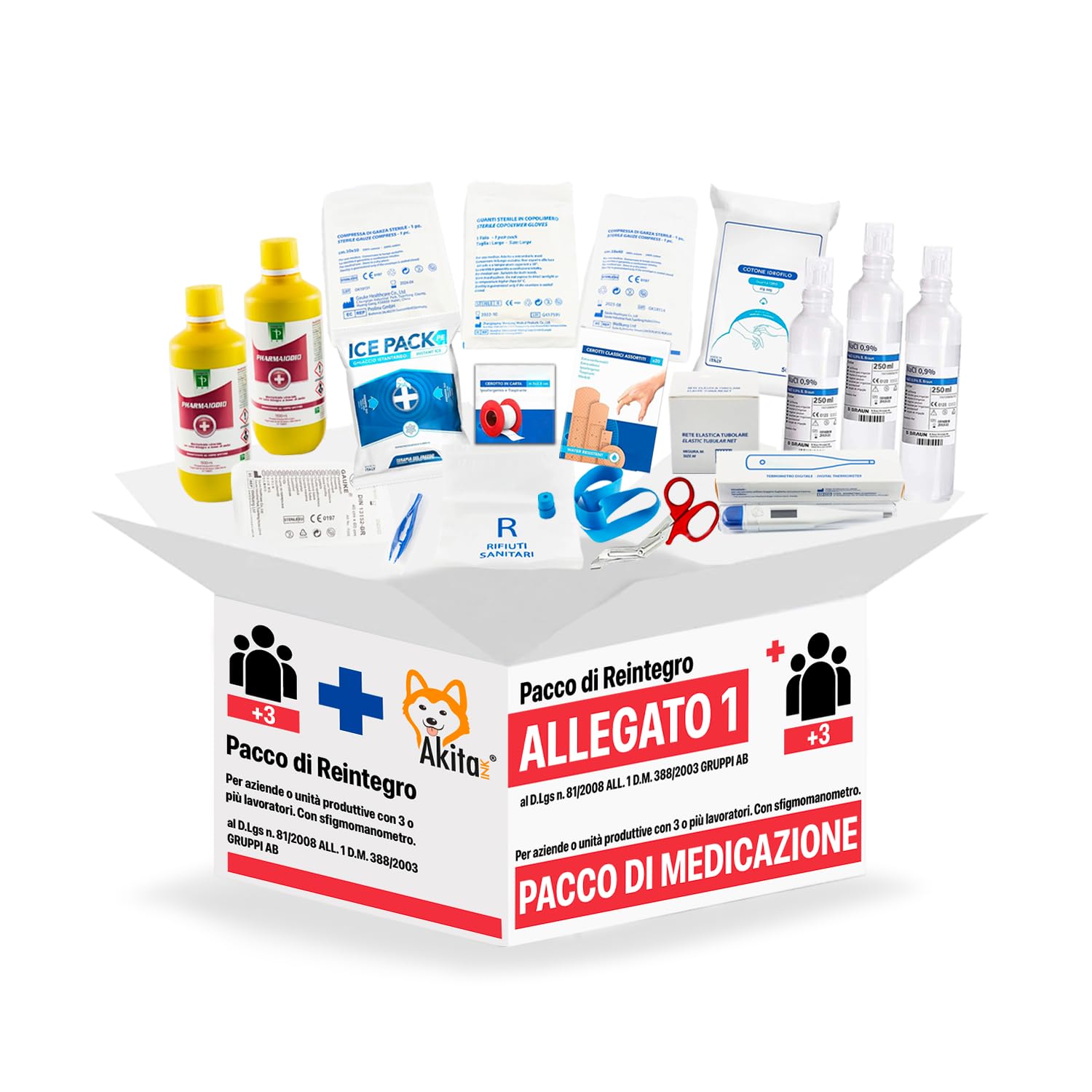 Akitaink Kit di reintegro ALLEGATO 1 SENZA SFIGMOMANOMETRO pacco medicazione per cassetta di pronto soccorso aziendale con un organico di almeno 3 dipendenti, Conforme 388/DL81, Made in Italy