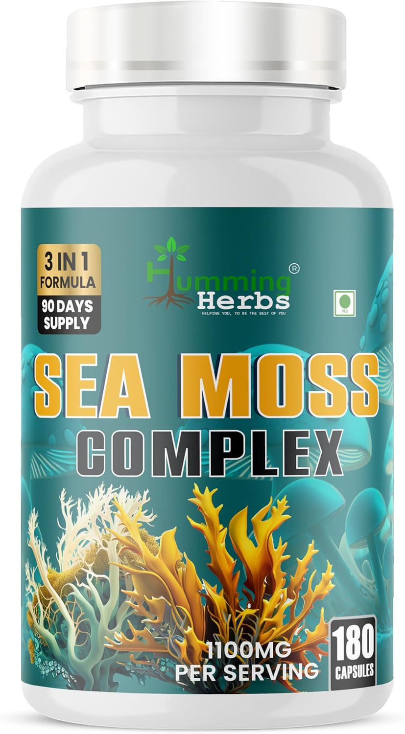Humming Herbs Sea Moss Complex Supplement 3-in-1 Formula 1100Mg with Irish Moss, Bladderwrack & Burdock Root – 180 Capsules
