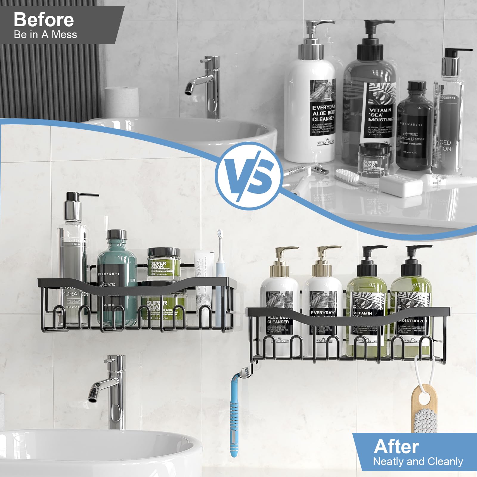 Phiaso Shower Caddy 6 Pack Shelves - Self Adhesive Bathroom Organizer, Drill-Free & Quick-Dry, Rustproof Stainless Steel Shower Shelf