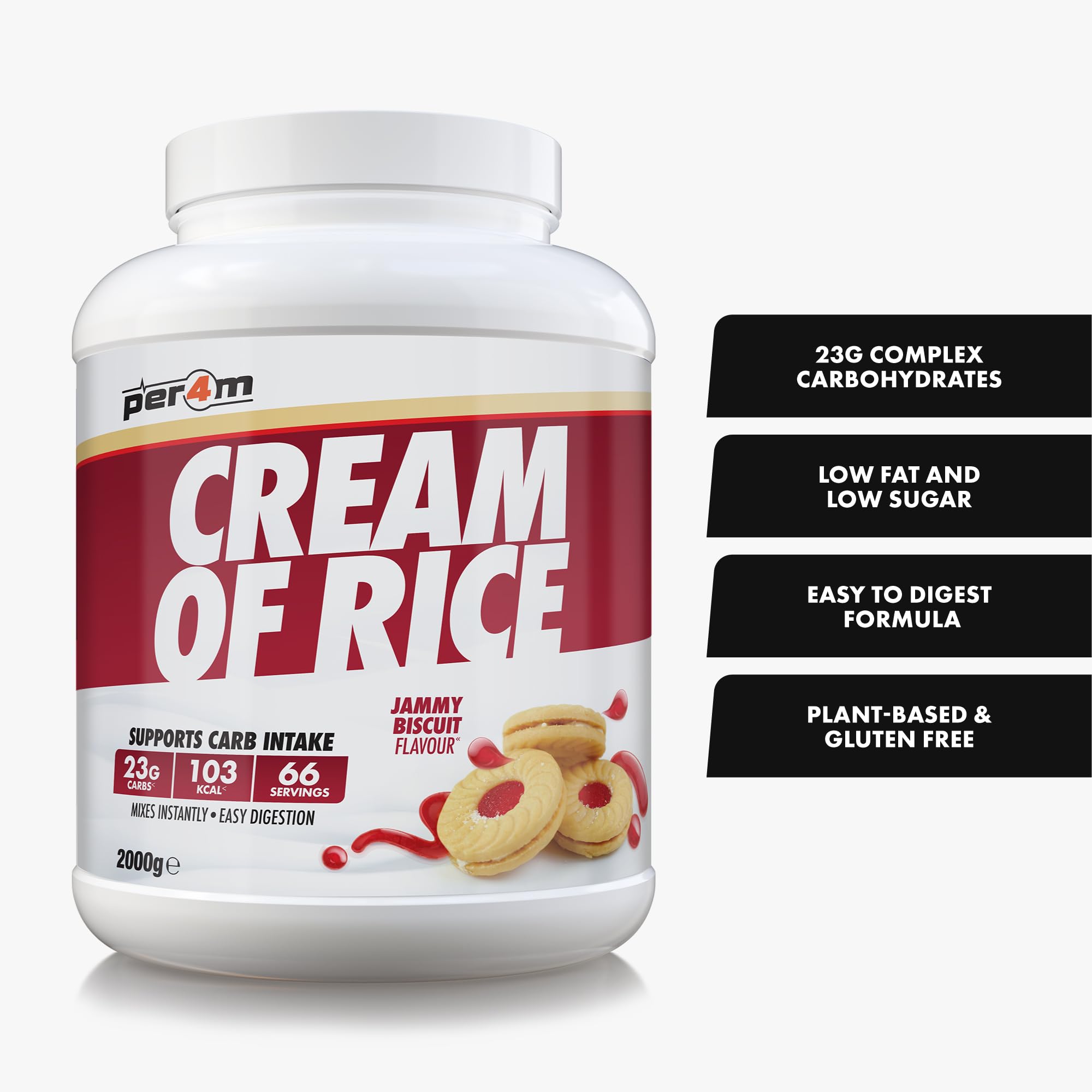 Per4m Cream Of Rice, Glucides Complexes pour Énergie Durable, Prise de Masse et Digestion Facile, Complément Musculation Endurance, Performance et Collation Sportive Premium – Jammy Biscuit – 2kg