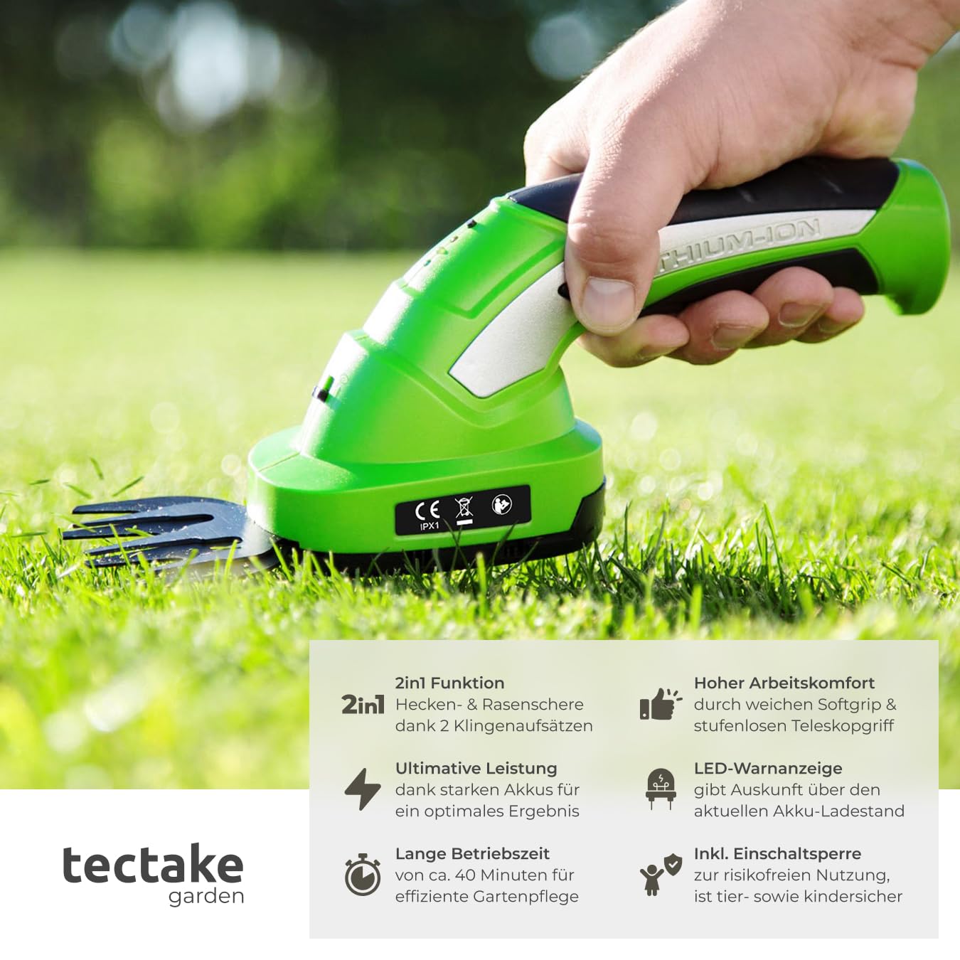 tectake® Akku Heckenschere elektrisch, Strauchschere 7.2V, Grasschere mit 2 Aufsätzen, Rasentrimmer mit Teleskop Stange, Rasenkantenschneider, elektrische Gartenschere mit Messer Aufsatz, Trimmer