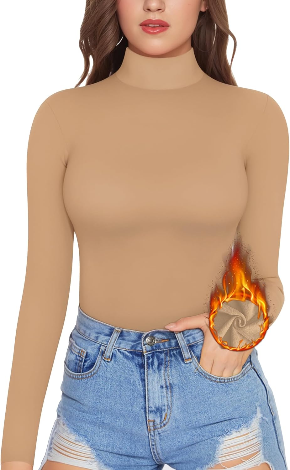 MANGOPOP Women's Mock Turtle Neck Fleece Lined Long Sleeve Thermal Underwear T Shirt Tops Tee