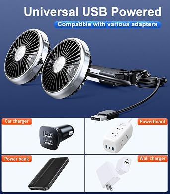Dual Head Gooseneck Car Cooling Fans for Back Seat for Kids, USB Car Headrest Cooling Fan for Baby Rear Facing, Car Seat Cooler that Blow Cold Air for Vehicles Sedan SUV Rv Truck Without Ac
