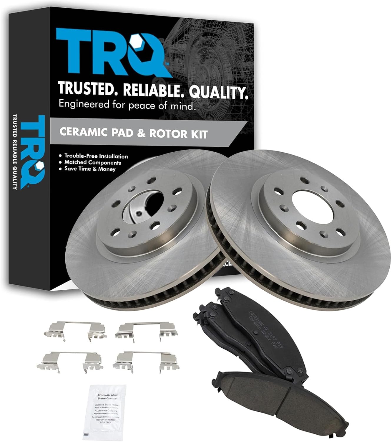 TRQ Front Ceramic Brake Pad and Vented Rotor Kit for Cadillac CTS (2003–2007)