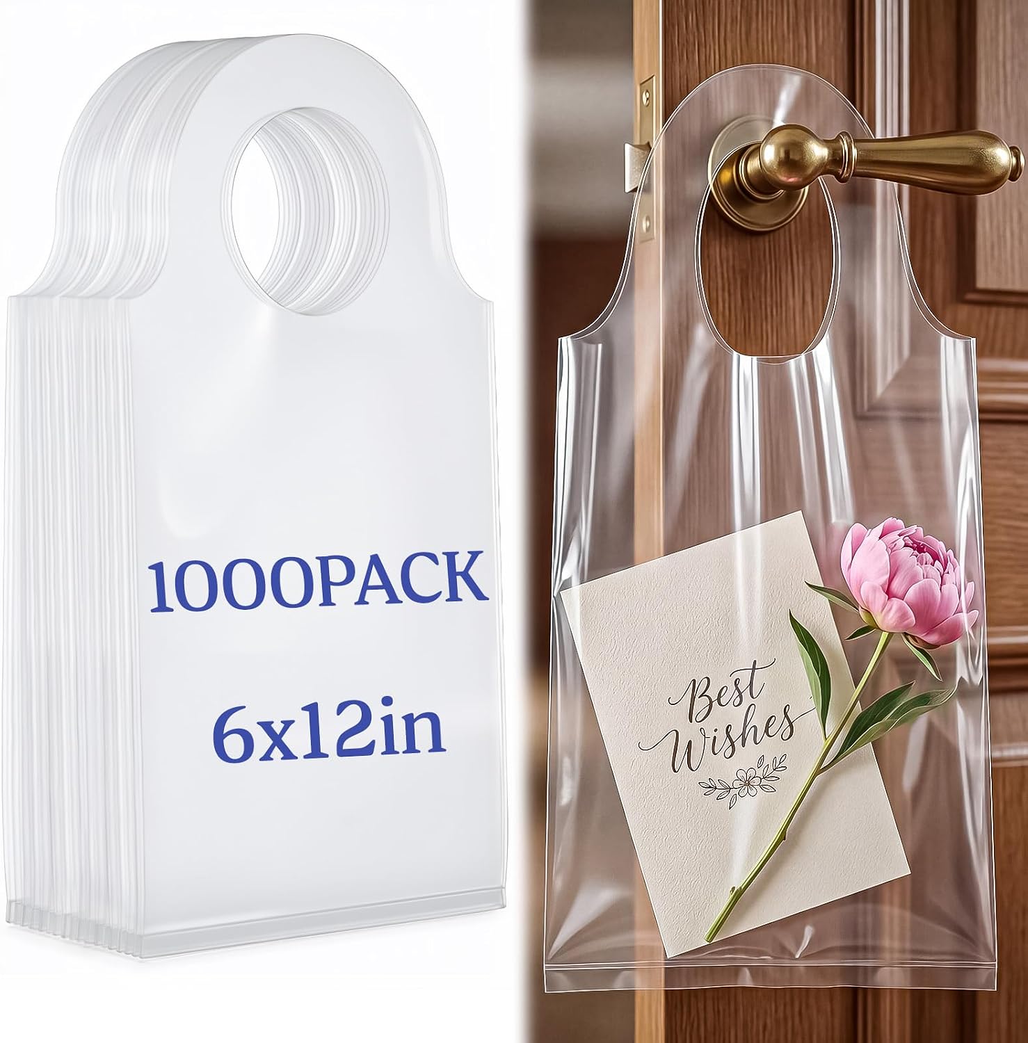 1000 Pcs 6” x 12” Door Hanger Bags Plastic Clear Knob Bags with Wave Handle for Business, Protects Flyers, Greeting Cards, Small Gifts, Announcements, Brochures Waterproof Door Hanger Outdoor