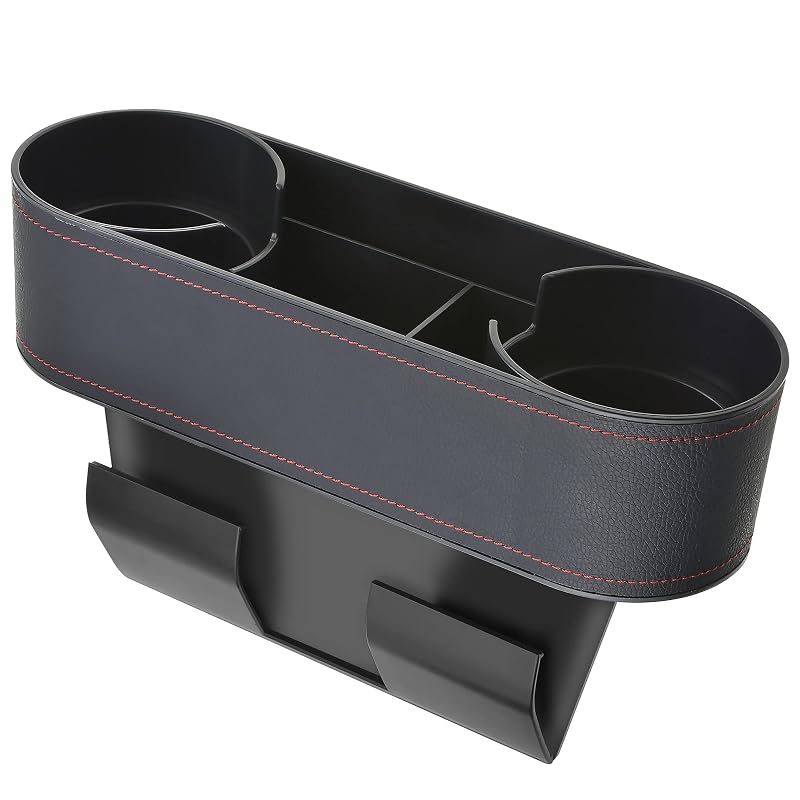 Porta-Copos Lateral para Console de Carro IOKONE com 2 Suportes e Bolso Lateral, Slim-Black