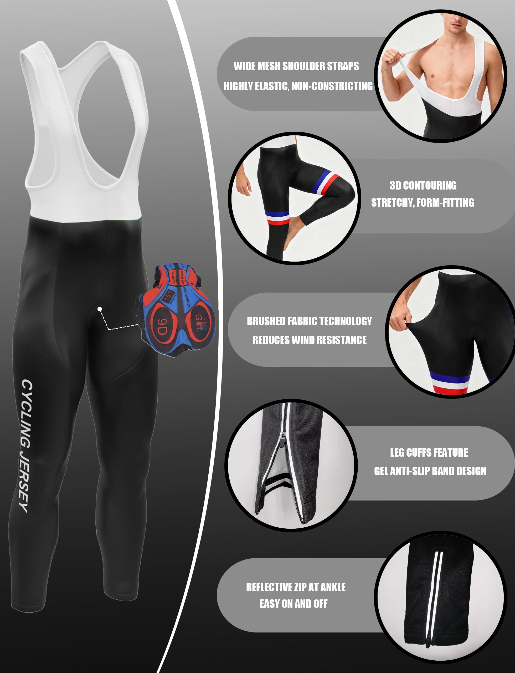 Tuta Ciclismo Invernale Uomo, Completo Termico Antivento MTB Maglia Manica Lunga+Pantaloni 9D Gel con Pettorina, Manica Lunga Completo Strada MTB Bici
