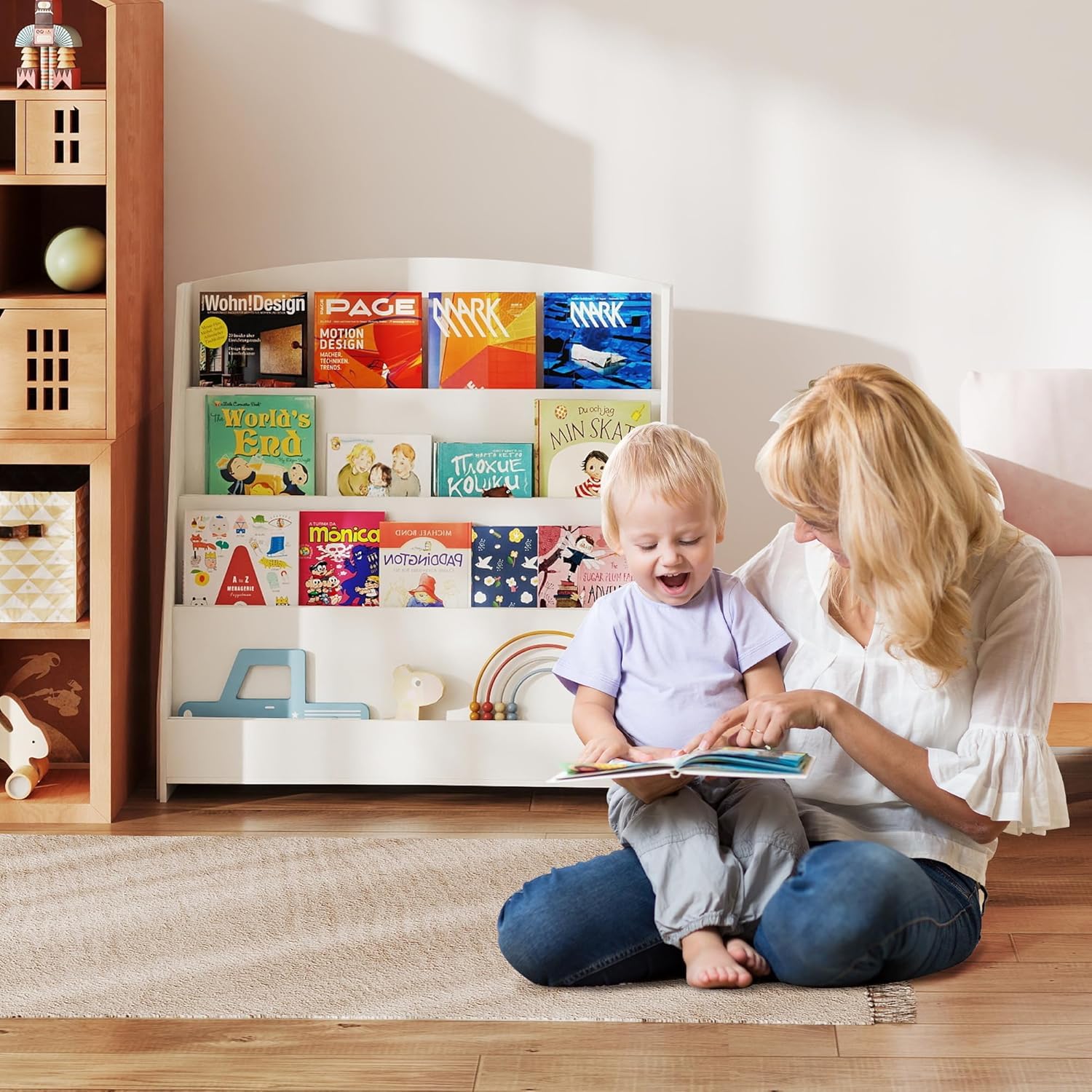 4 Ebenen Bücherregal Kinder Montessori – 88cm Höhe fürs Kinderzimmer | Kinderfreundlich, Leicht greifbar, Lesefördernd, Stauraumstark, Offen