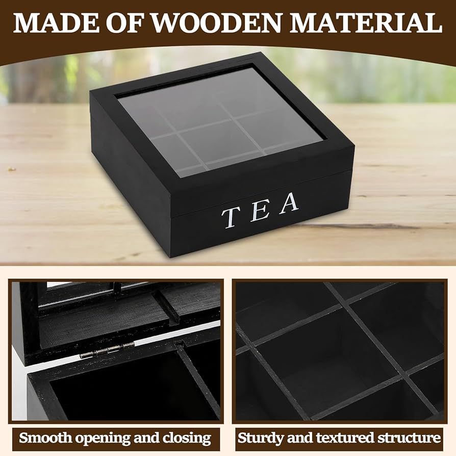 Wooden Tea Storage Box, Wood Tea Organizer, 9-Compartment Box Holder With Clear Lid For Sugar, Coffee , Instant Coffee Packets