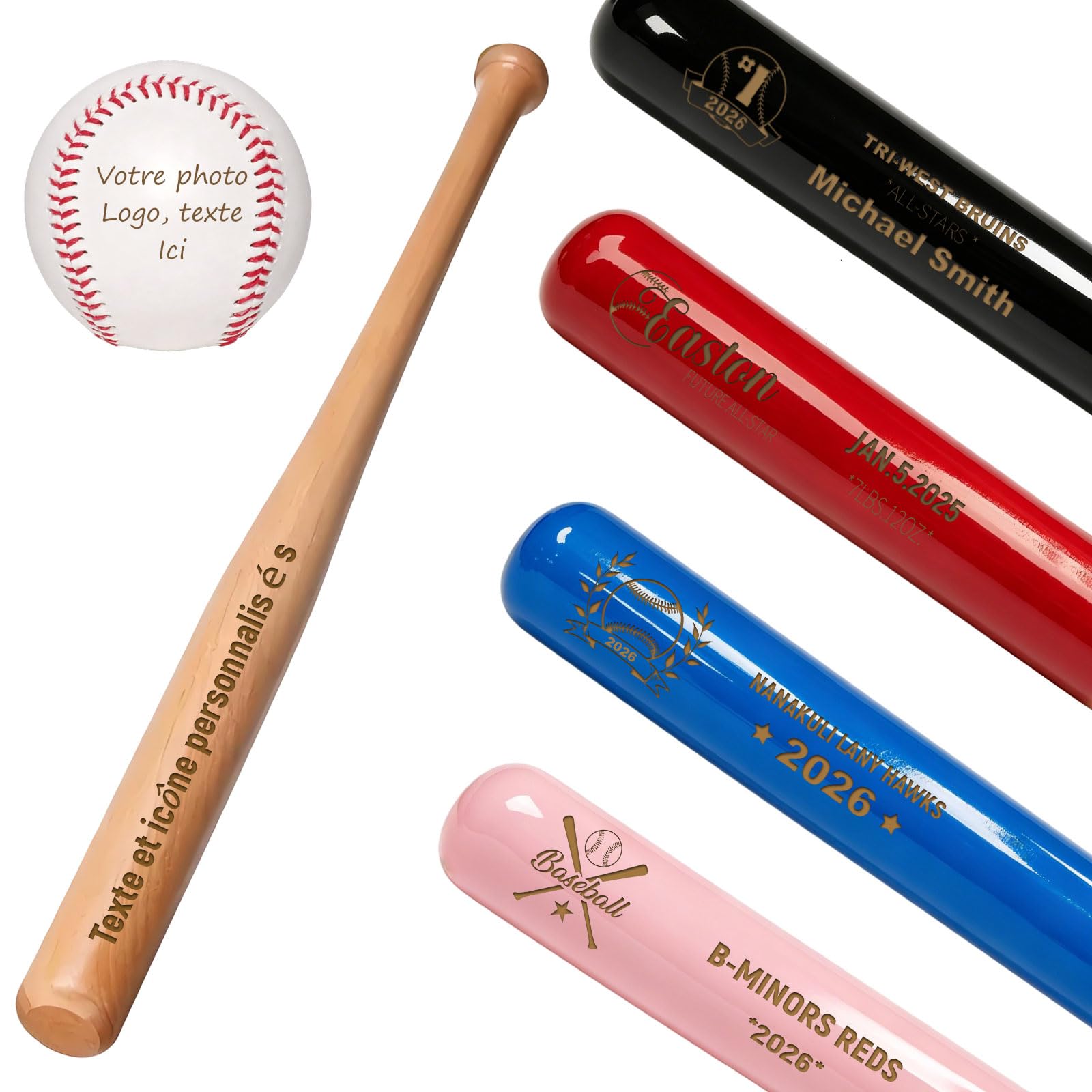 Mini Batte de Baseball Personnalisée 18 Pouces – Gravure Nom, Numéro & Logo, Petit Batte en Bois Cadeau Little League