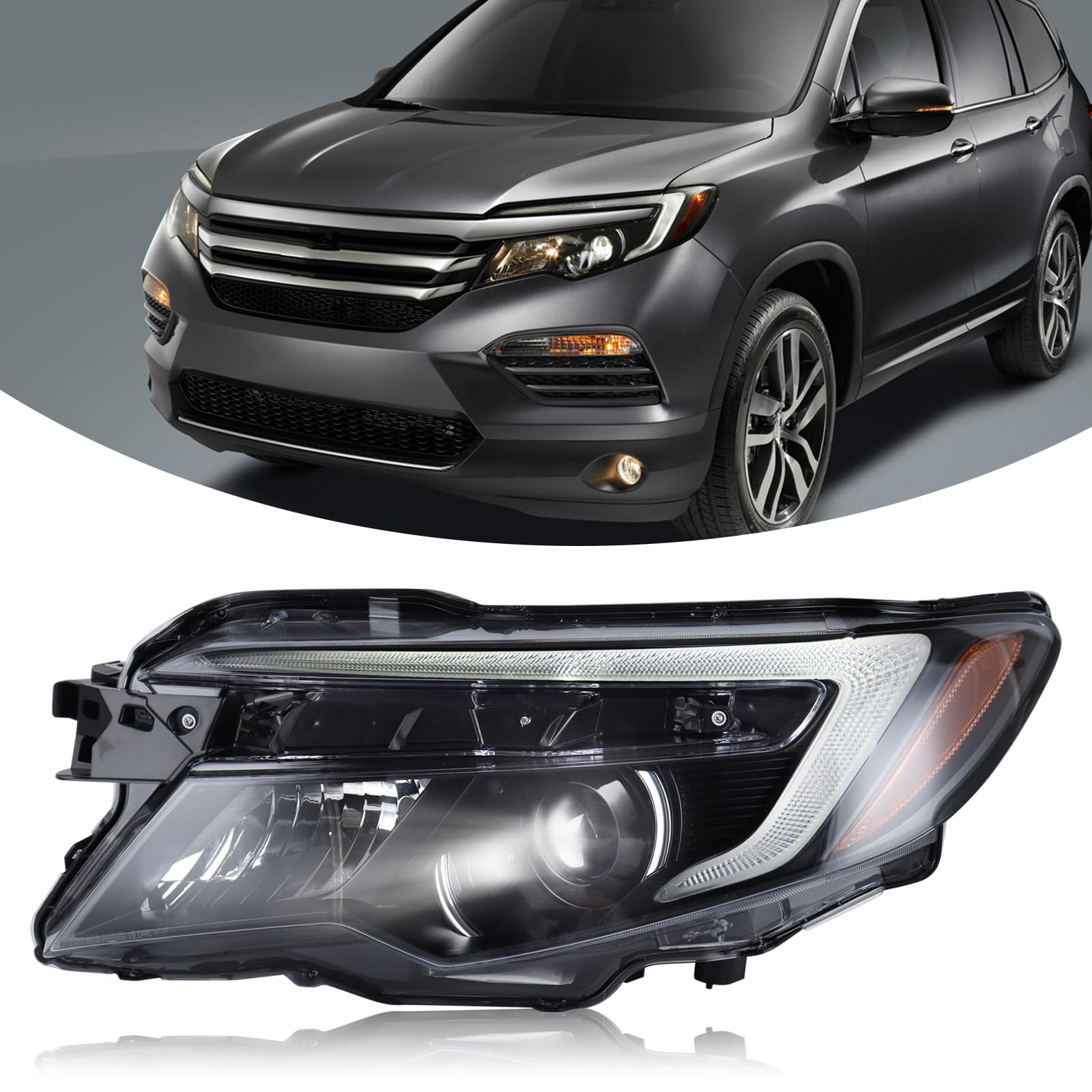 LED Low Beam With DRL Projector Headlight Assembly Compatible with 2016-2022 Honda Pilot/2017-2020 Honda Ridgeline/2019-2022 Honda Passport Left Driver Side 33150TG7A21 HO2502172