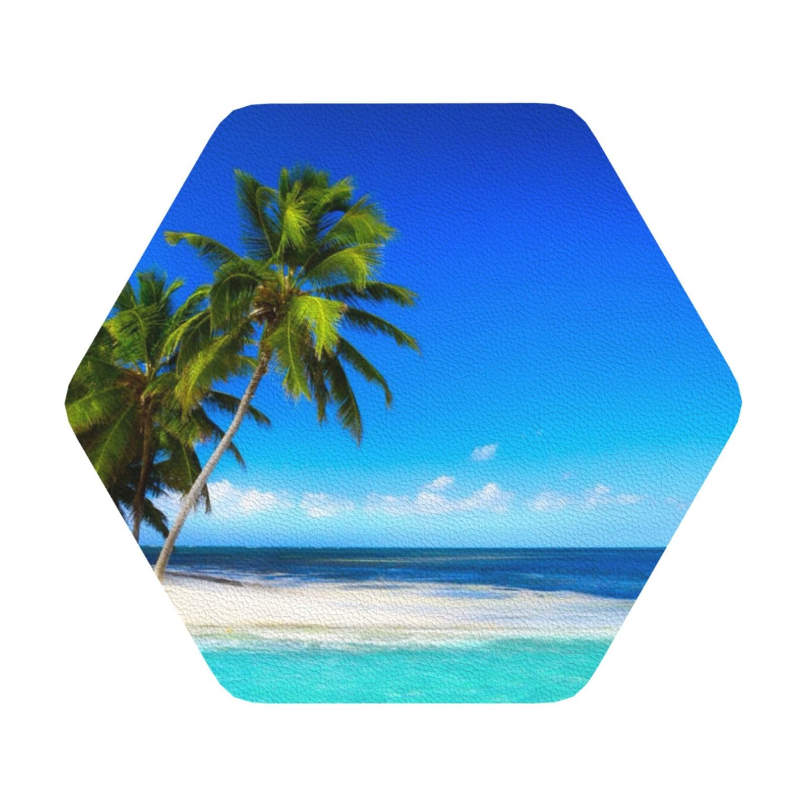 Palm Trees and Clear Sea PU Leather Coasters Set of 6 Hexagon Drink Coasters