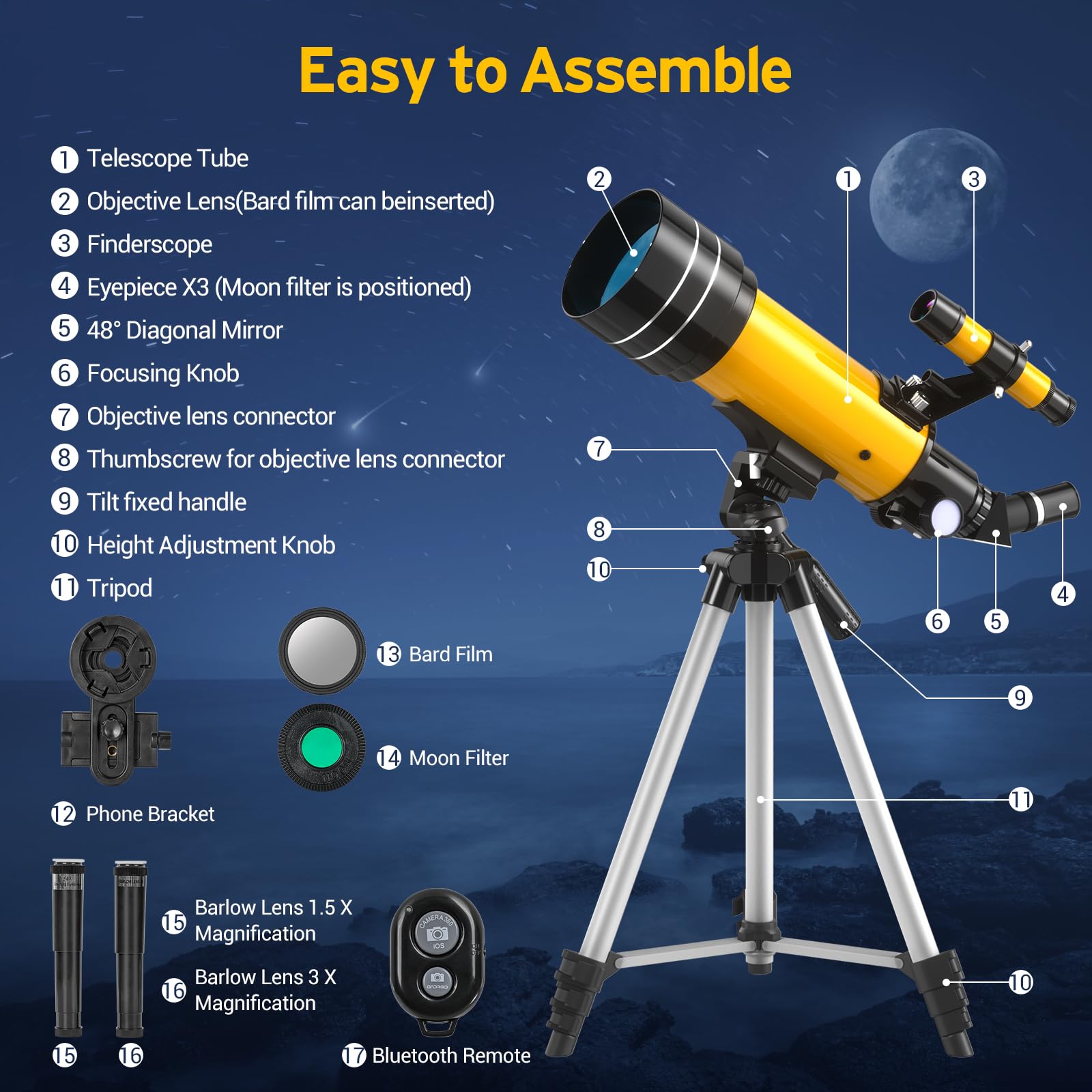 Télescope 70MM, Ouverture 400MM (20X-200X), Télescope Astronomique Réfracteur, FMC Haute Transmission, Trépied, Adaptateur Téléphone, Télécommande, Cadeaux d'astronomie pour Enfants Adultes Débutants