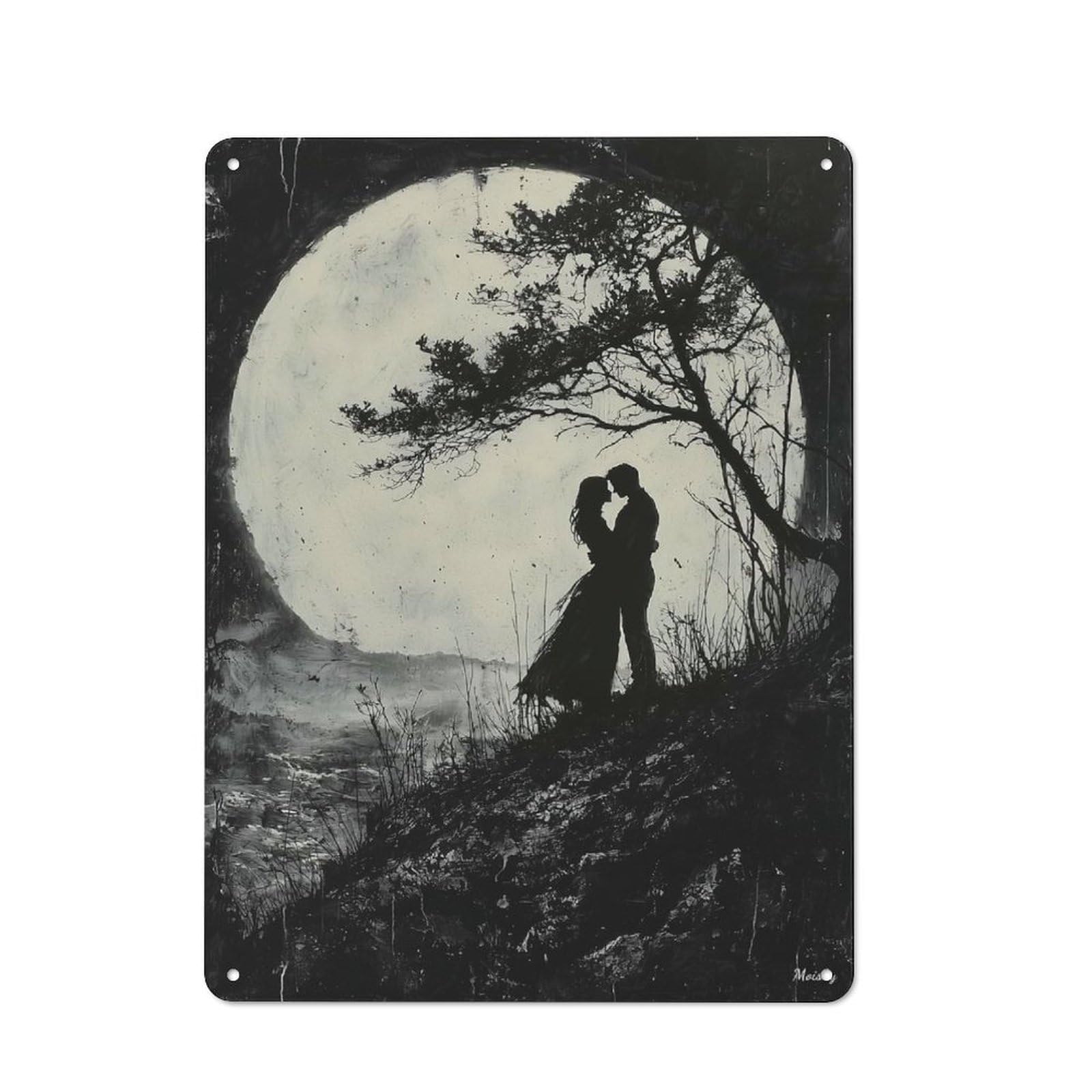 Junmoney Romantic Moonlit Embrace - Charcoal Style Decorative Metal Sign 40X30cm, Understated Studio Wall Plaque For Hobby Room, Office, Lounge Or Living Room
