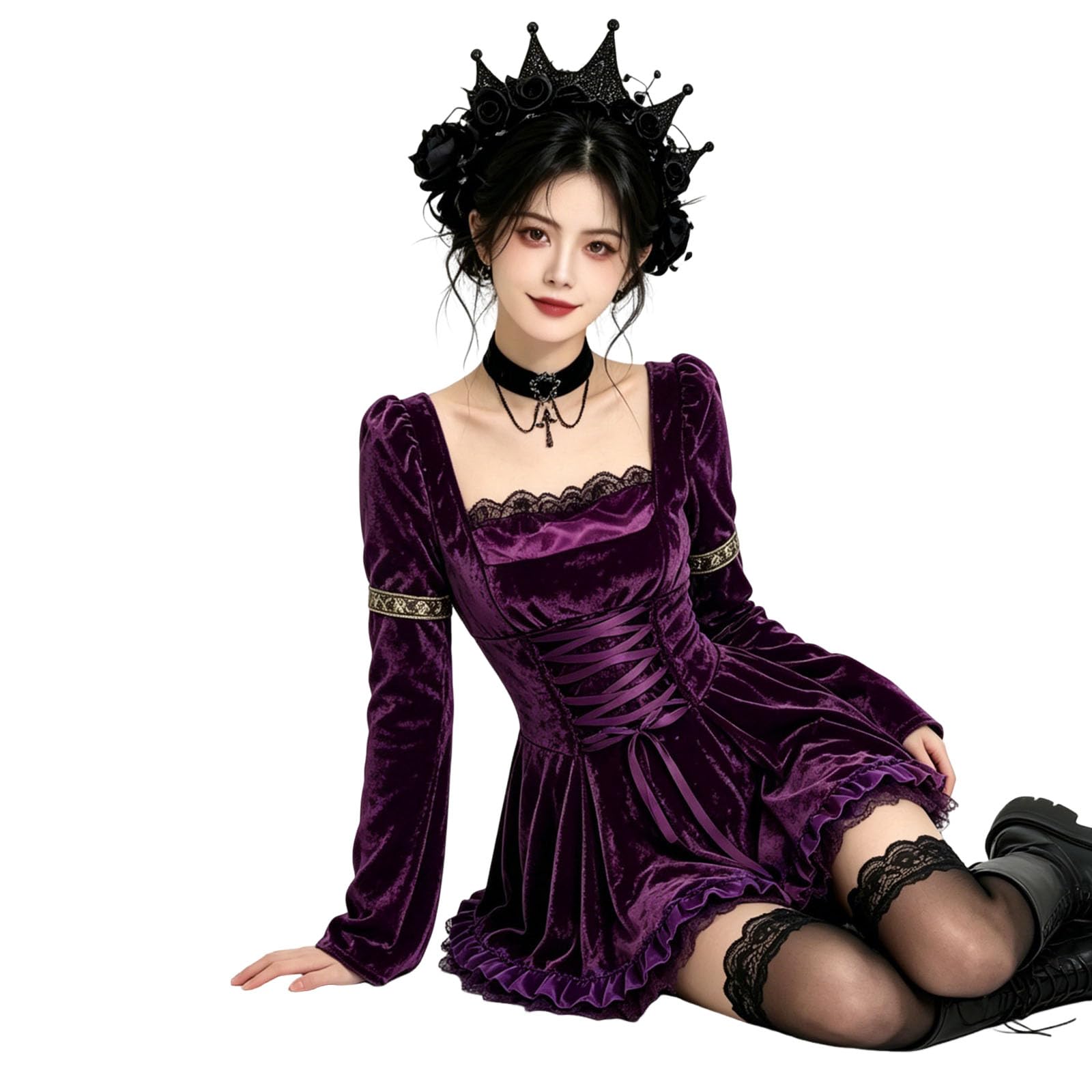 Vestido Halloween Mujer Gótico Manga Larga Escote Cuadrado Vestido Disfraz Renacentista de Terciopelo con Campana Cinta Ajustable en Cintura Falda Corta con Volantes para Fiestas de Halloween Cosplay