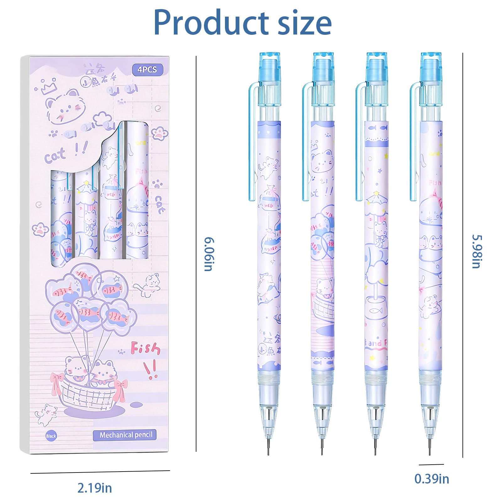Lot de 8 porte-mines mignons en forme de chat en forme de poisson de 0,5 mm, crayons kawaii pour l'école, les étudiants, les femmes, le bureau, l'école