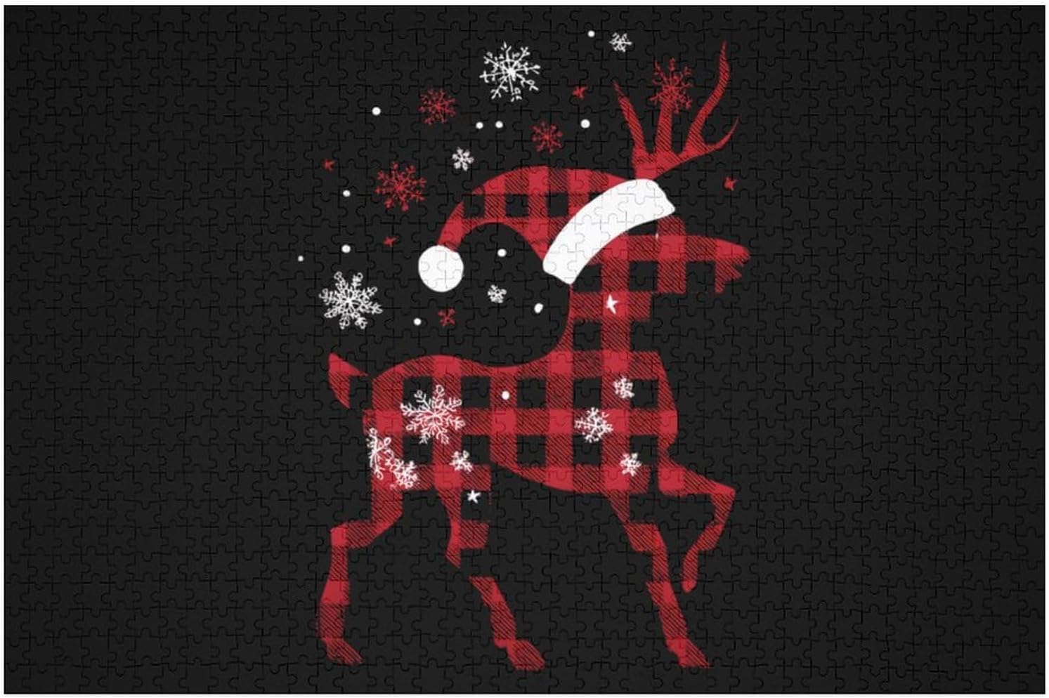 Red Buffalo Plaid Christmas Deer Puzzles for Adults 1000 PCS Wooden Jigsaw Puzzle Wall Decor Christmas