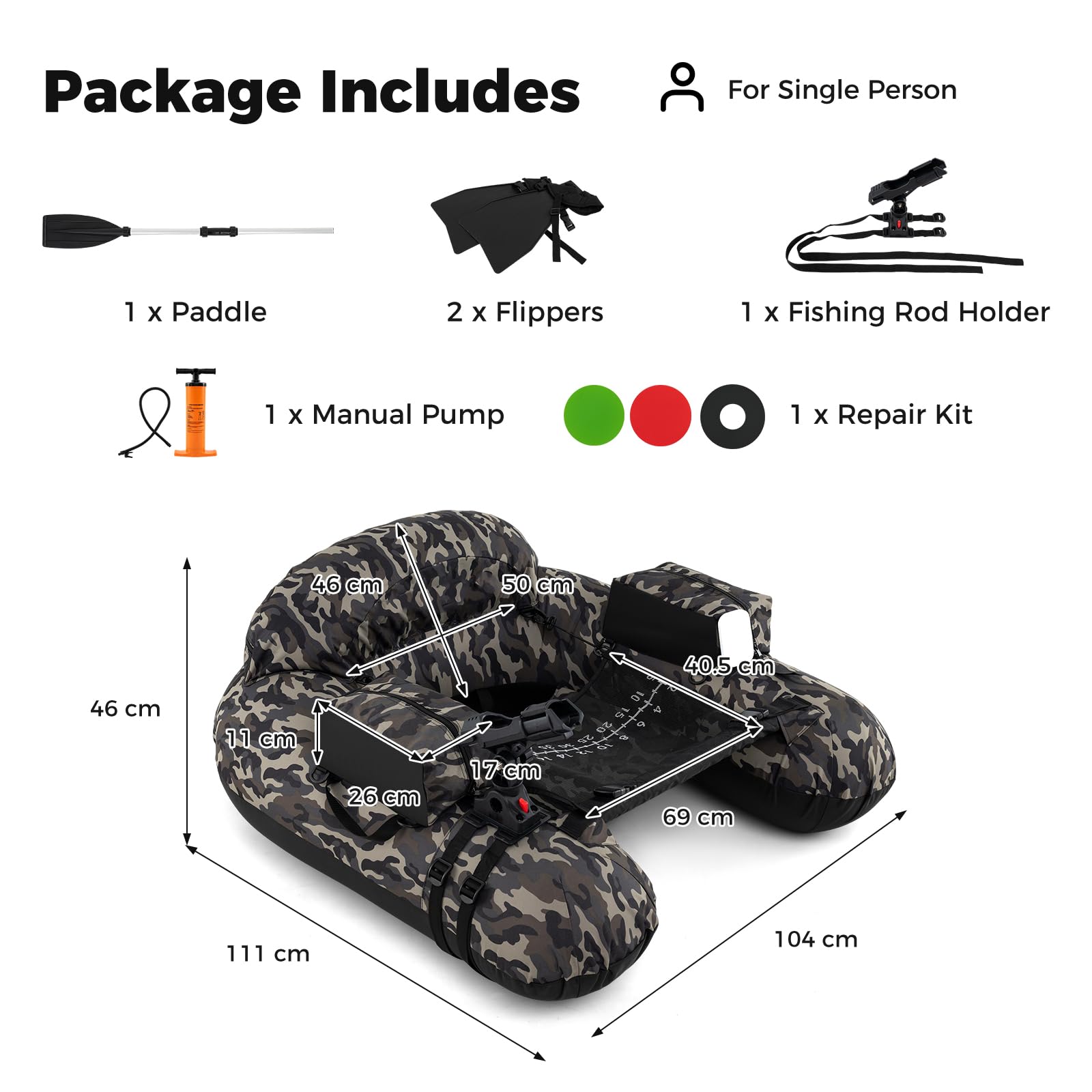 HOMASIS Barco de Pesca Inflable con Bomba, Kayak Hinchable con 2 Aletas y Soporte para Caña, Red de Medición, Mesa de Cebos Equipada, Carga 150kg