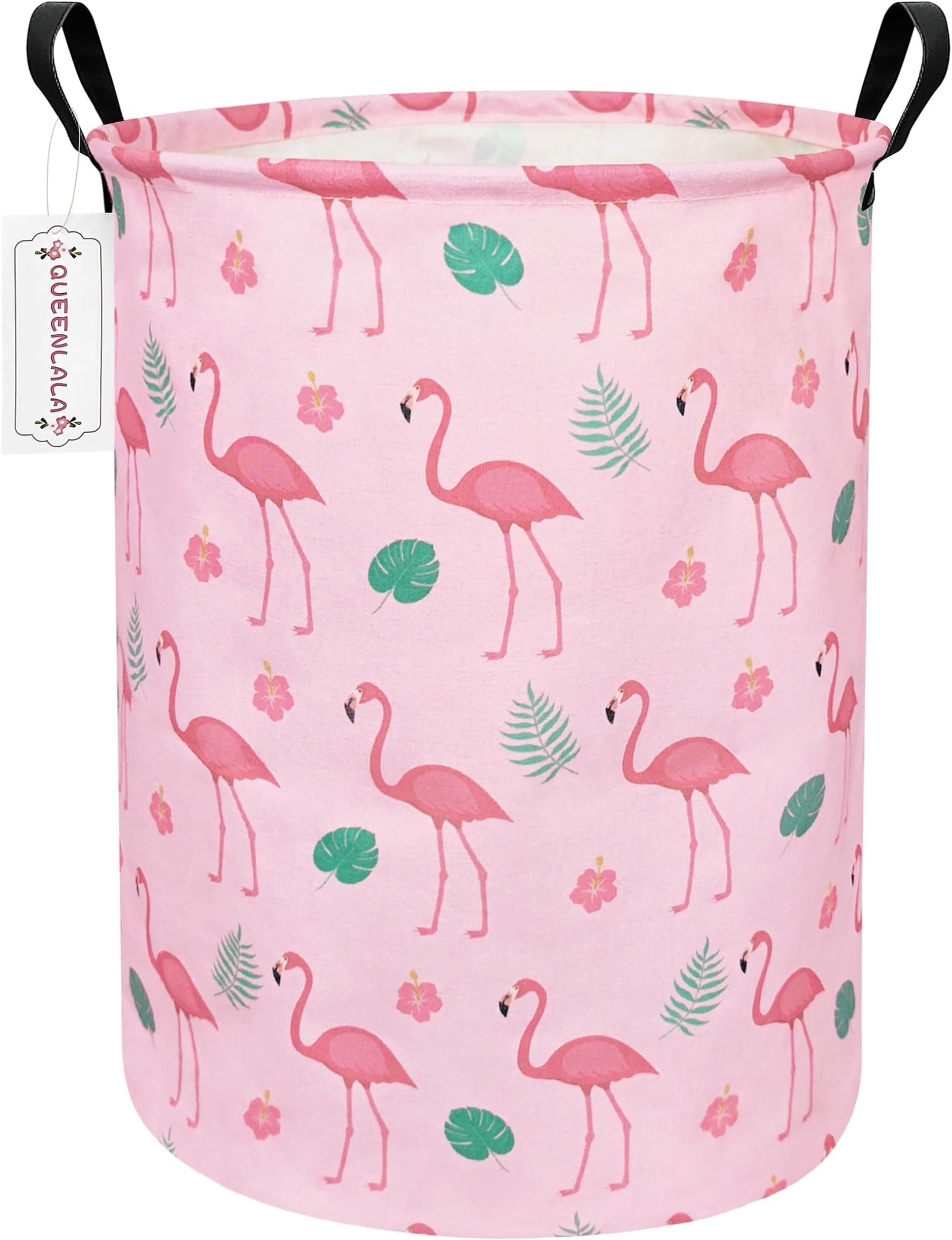 QUEENLALA Large Storage Basket,Collapsible Round Storage Bin,Laundry Hamper/Bathroom/Home Decor/Children Hamper/Boxes/Children Clothing (Round-Pink Flamingo)