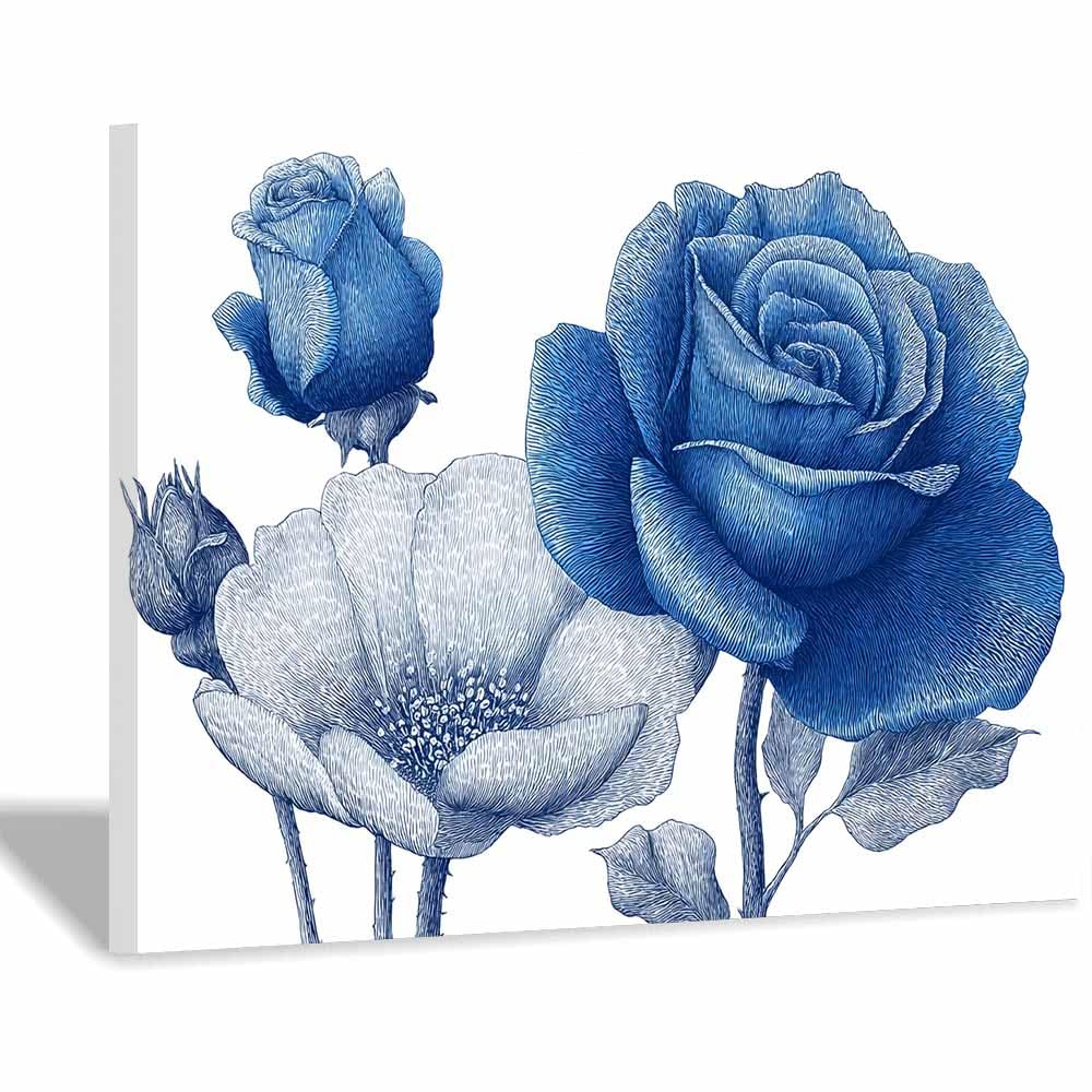 ZAMAEIU Landscape Wall Art Line-drawn Flower Modern Canvas Print On Artwork, Suitable for living room, bedroom, for Kids Room Decoretc.(blue)-60x90cm Framed