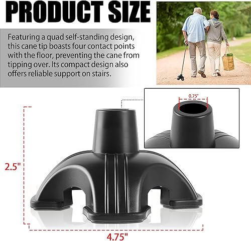 Miniatura 2 de TonGass (2 unidades, color negro) Punta de caña de 34 pulgadas, repuesto de goma cuádruple, 4 pies de apoyo para bastones de caminar, estabilidad