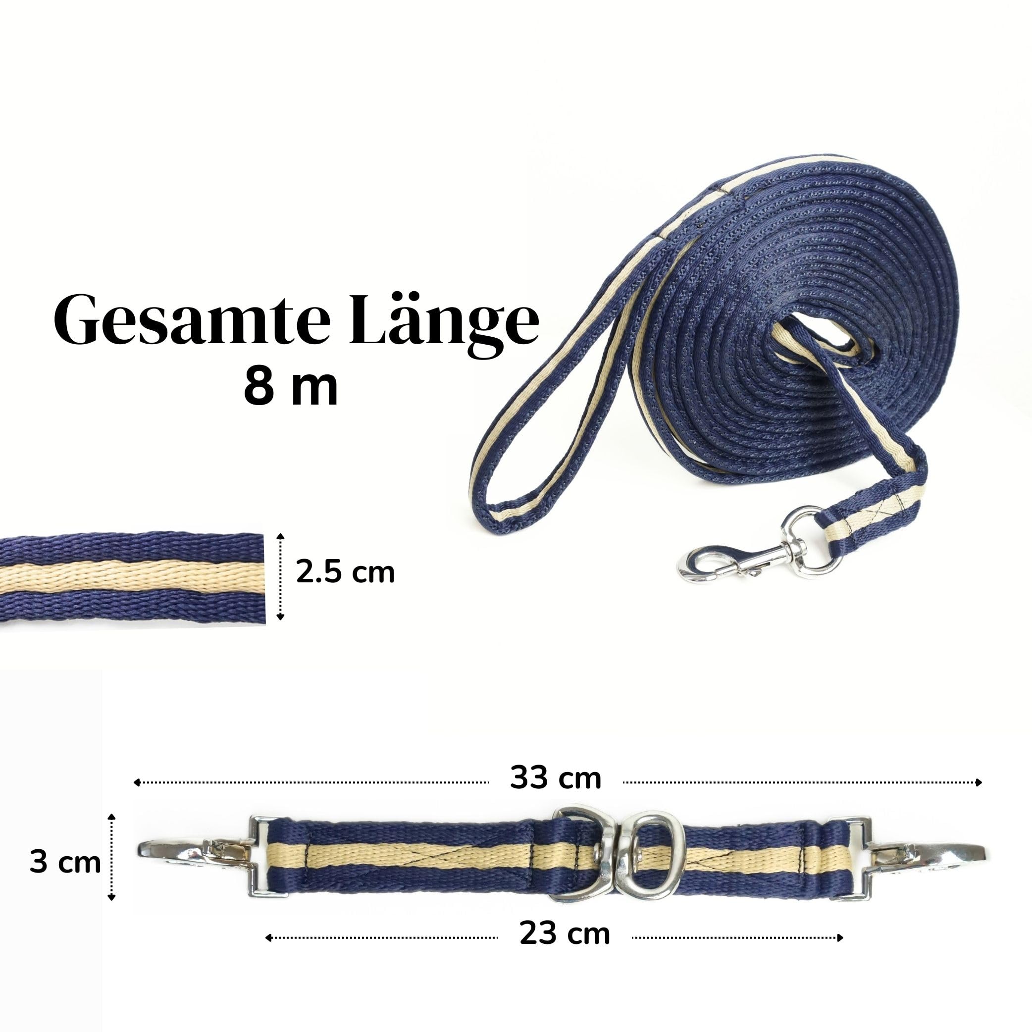 Longe mit Longierbrille Pferde Set, farblich perfekt abgestimmt, Pferde Zubehör für Longieren, Bodenarbeit (Dunkelblau Creme)