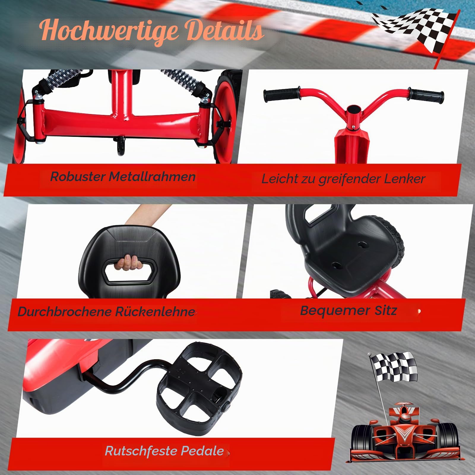 FANTASK Kinder Gokart mit Pedal, Verstellbarer Sitz, Vor- & Rückwärtsgang, Belastbar bis 30 kg, Outdoor Tretauto für Jungen & Mädchen ab 3 Jahren (Rot)