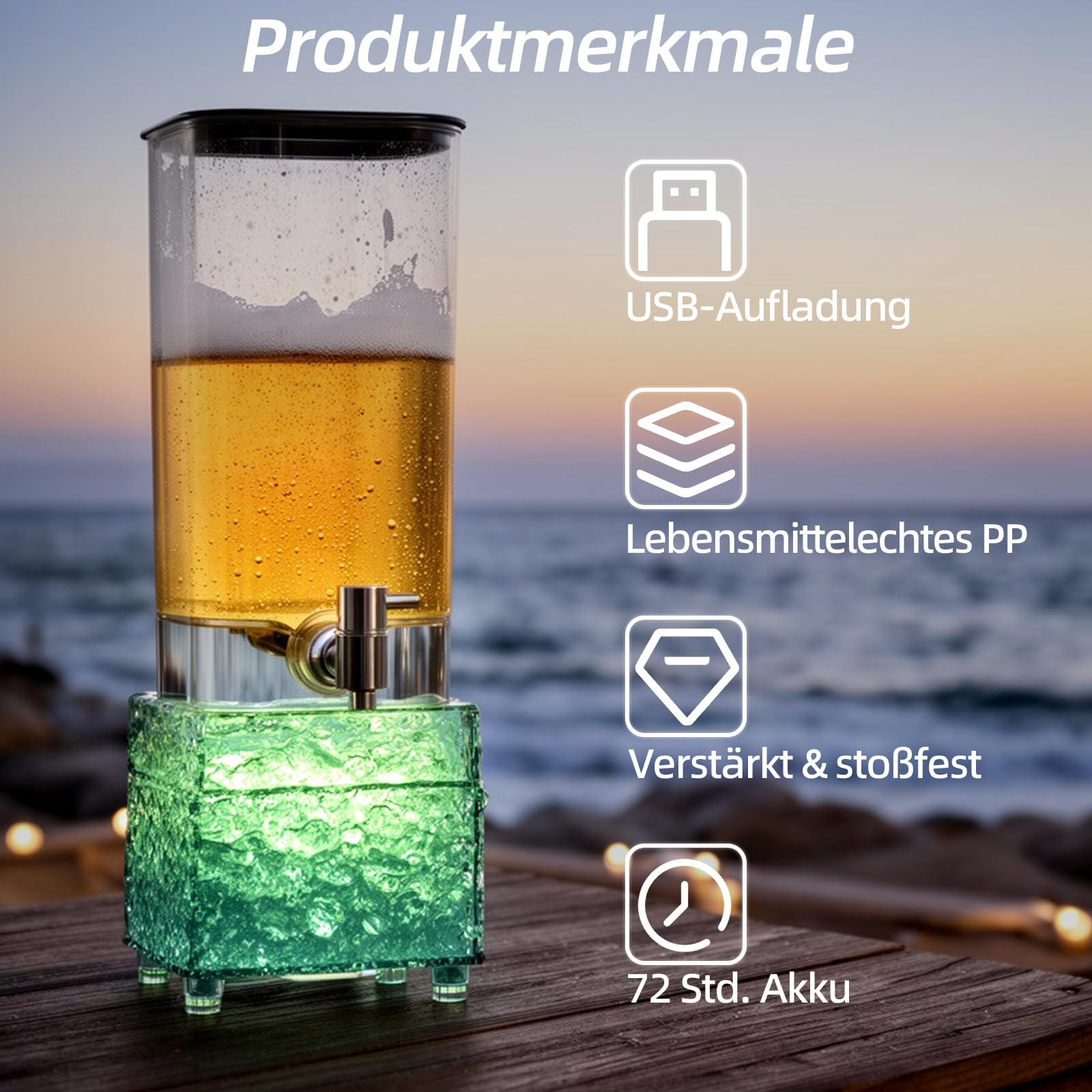 3L Biersäule mit LED-Leuchtsockel, Getränkespender mit Zapfhahn, USB-aufladbarer Getränketower mit Edelstahl-Zapfhahn für Bier, Cocktails, Fruchtgetränke, Partys & Gastronomie