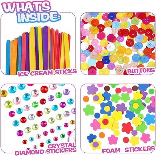 Miniatura 4 de Suministros de artes y manualidades para niños, incluyendo plumas, limpiadores de pipa, ojos que se mueven, pompones, botones, palitos de helado,