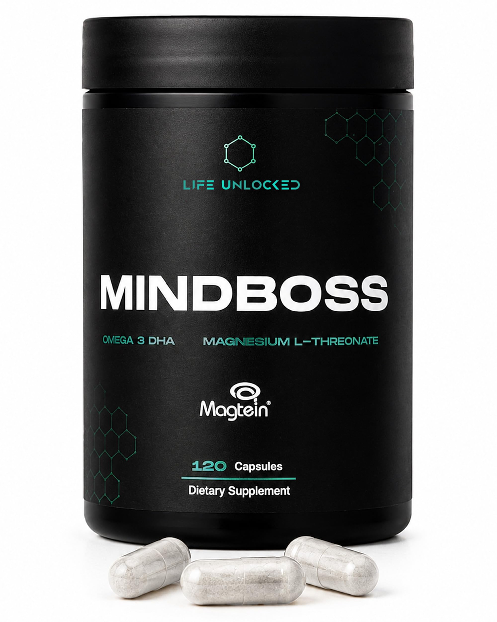 MindBoss Omega-3 DHA Vegan + Magtein Magnesium L-Threonat - Gehirn & Kognition Supplement - Algen-Quelle - ISO 17025 Geprüft - 120 Kapseln