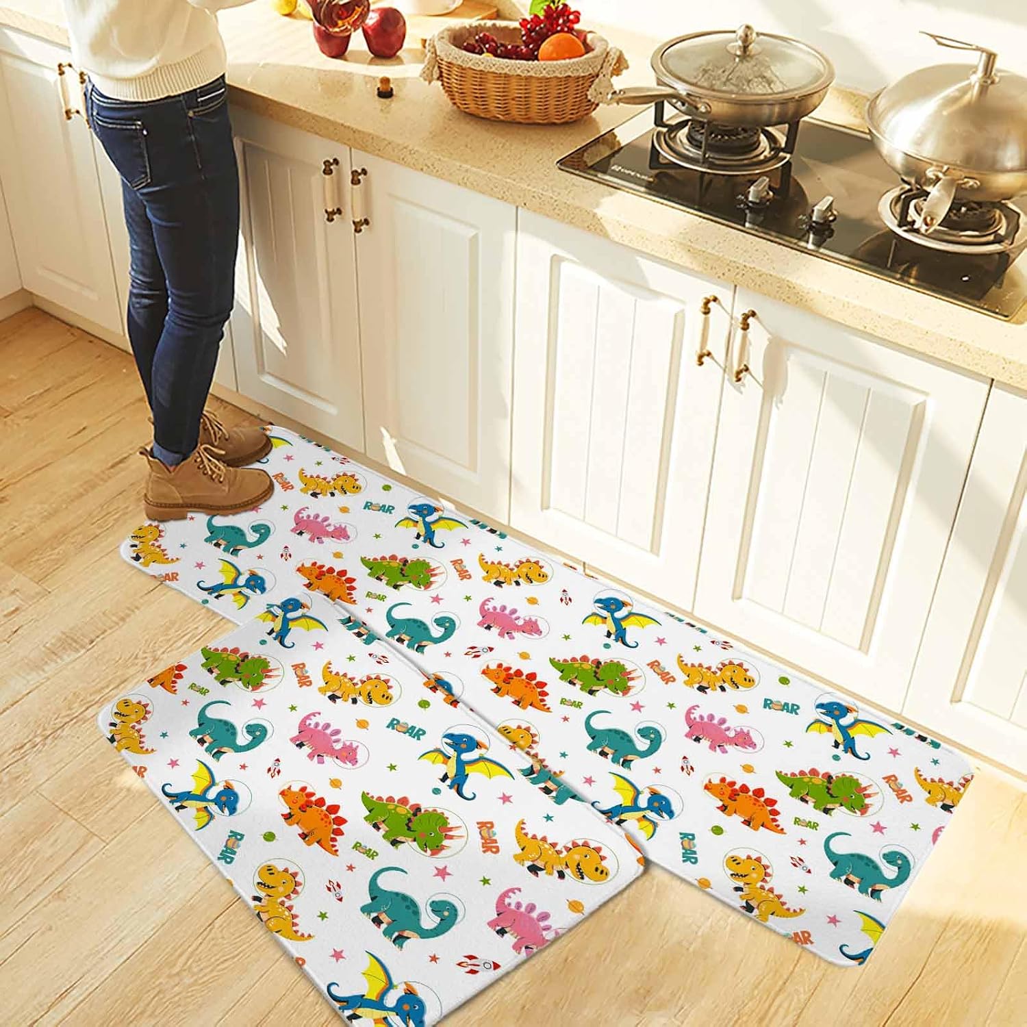 Cute Dinosaur Kitchen Rugs and Mats Set of 2, Non-Slip Kitchen Sink Mat, Cartoon Dino Funny Boys Girls Children Washable Doormat Bathroom Rugs Runner for Bedroom/Living Room 15.7"x23.6"+15.7"x47.2"