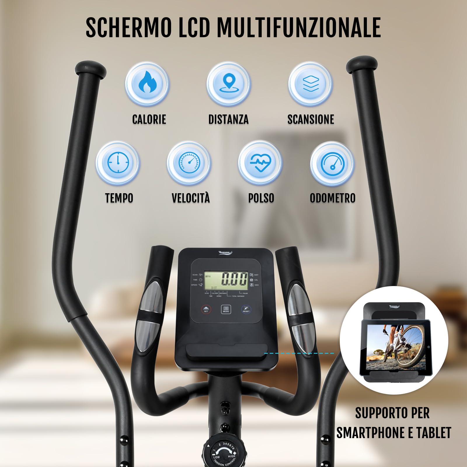 Cyclette Ellittica da Casa con 8 Livelli di Resistenza, Schermo LCD con Supporto per Smartphone, Ellittica Professionale per Casa con Passo di 280 mm, NV-9304