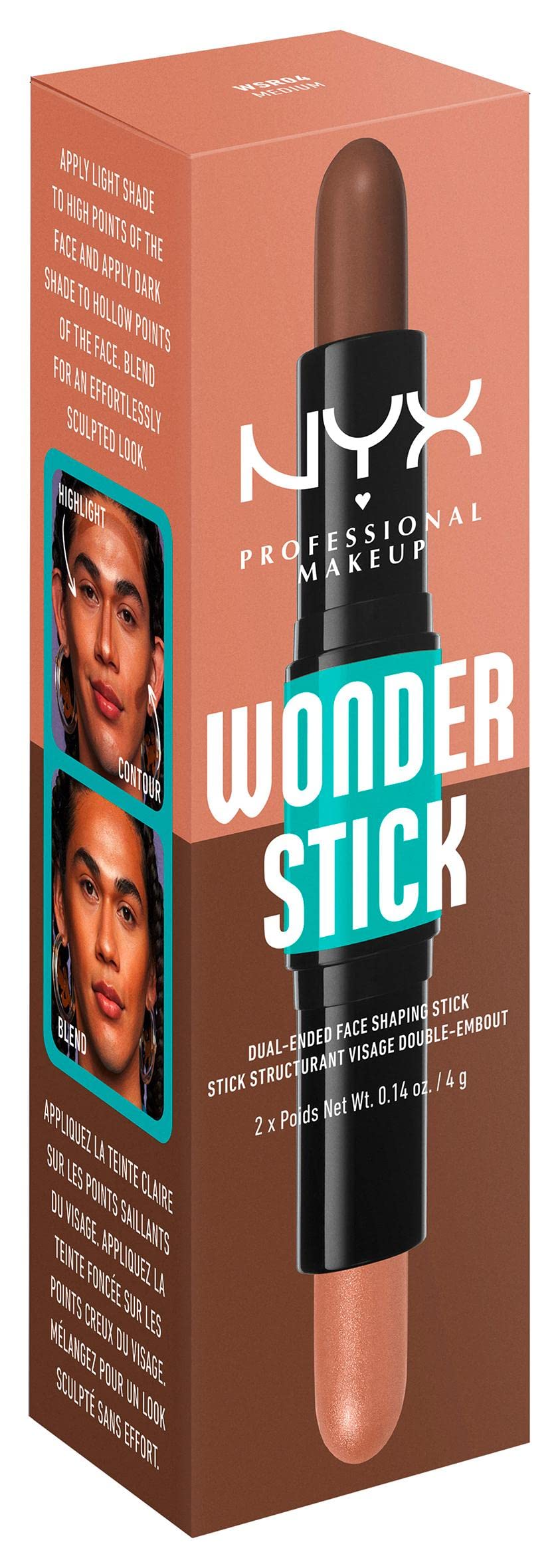 NYX Professional Makeup Podświetlacz i konturówka do konturowania z dwoma końcówkami, kształtuje i rozjaśnia, zmywalny i wegański, Wonder Stick, średni