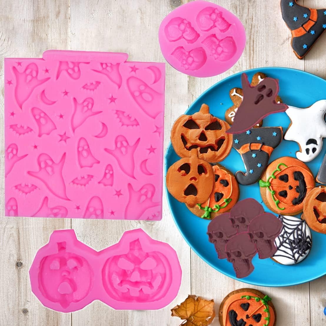 6 moldes de silicona para fondant de pastel de chocolate, bruja, fantasma, cráneo, murciélago, calabaza, bandejas de dulces de hielo para galletas, moldes para hornear, magdalenas, gelatina, azúcar,