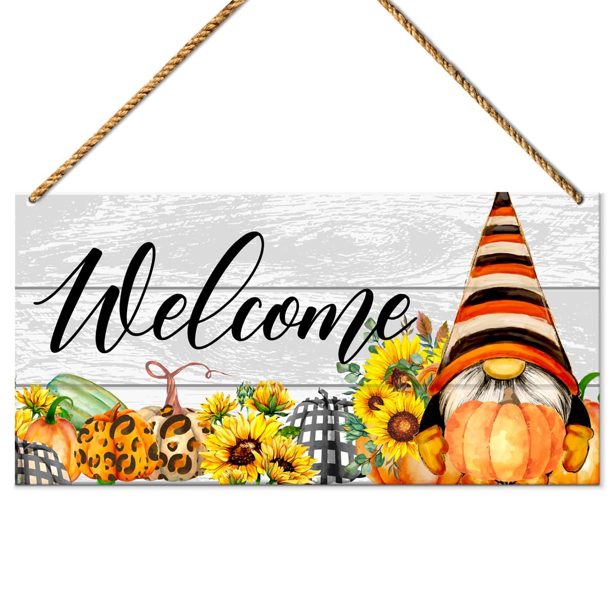Fall Welcome Wooden Sign Decor, Fall Leopard Pumpkins Wall Decor for Home Porch Farmhouse Living Room Autumn Front Door Decorations Sunflower Gnome Thanksgiving Harvest Hanging Sign Decor