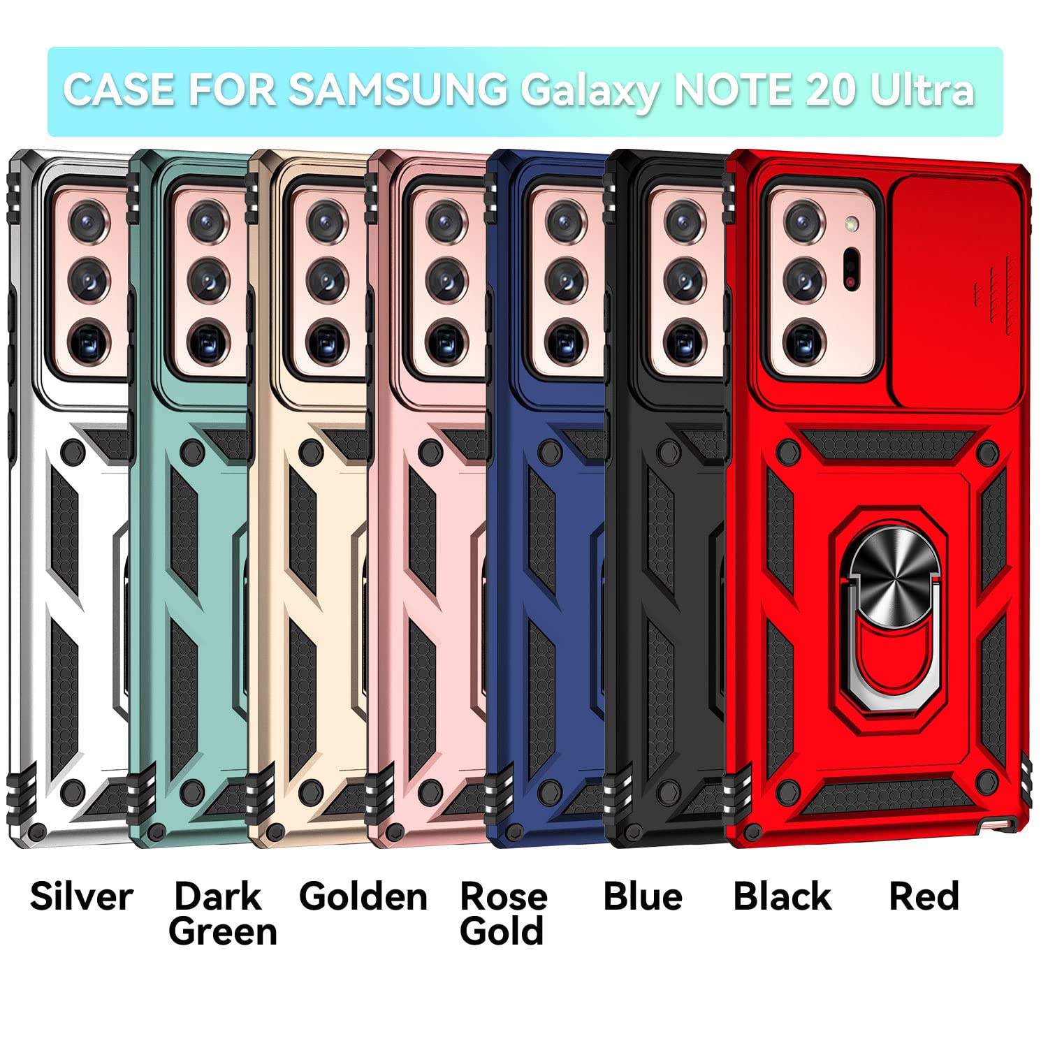 Jiyu Funda Compatible con Samsung Galaxy Note20 Ultra Carcasă Armor Militar Cubierta de Cámara Deslizante Proteger Fundas con 360 Full Protección Anillo Soporte Silicona Estuche Cover Case,Rojo — view 2