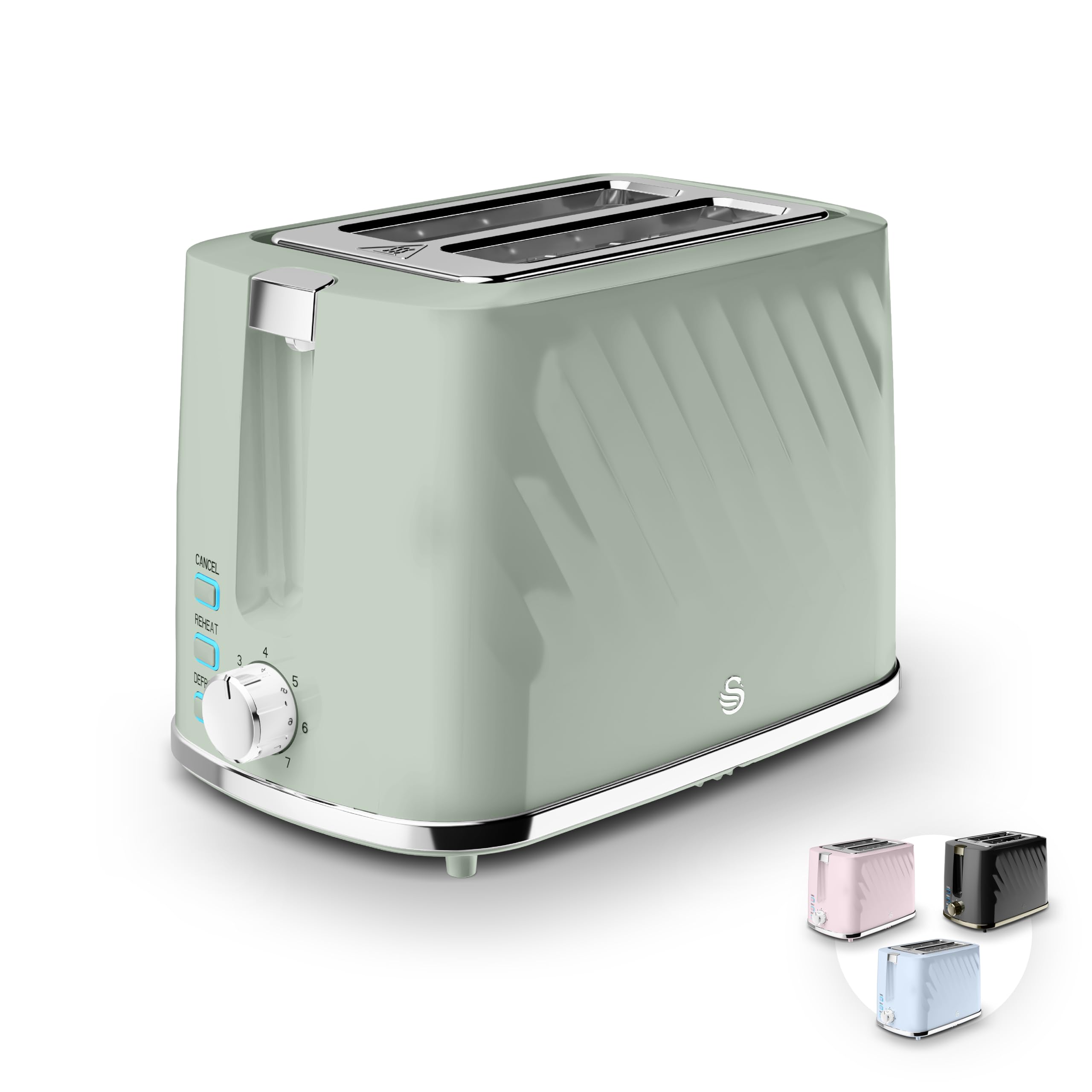 Swan Windsor 2 Slice Toaster with 7 Browning Levels for Toast, Breakfast Muffins and Bagels, Removable Crumb Tray, Defrost/Reheat/Cancel, Cord Storage, Non-Slip Feet, 900W, Sage, ST14071SGE