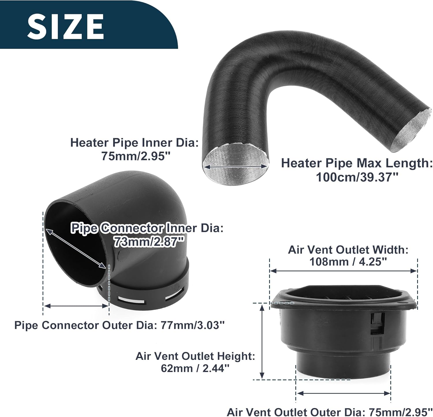 Car Truck RV Bus Van Boat Car Heater Duct Kit Car Heater Duct Pipe Hose Set with Bent Pipe Connector 75mm ID 100cm Max l