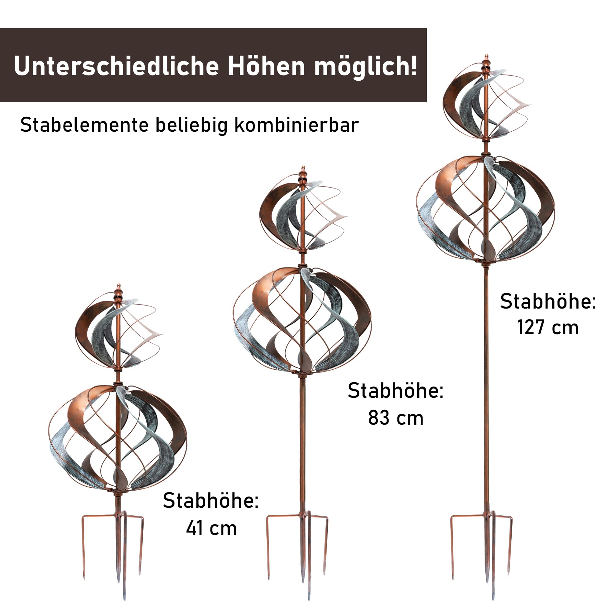 LEMODO Windrad Tulip mit gegenläufigen Rotoren | Gartendeko in 3 Höhen aufbaubar | Gartenstecker 213 cm hoch | Windmühle in Kupferoptik | Windskulptur mit Charme