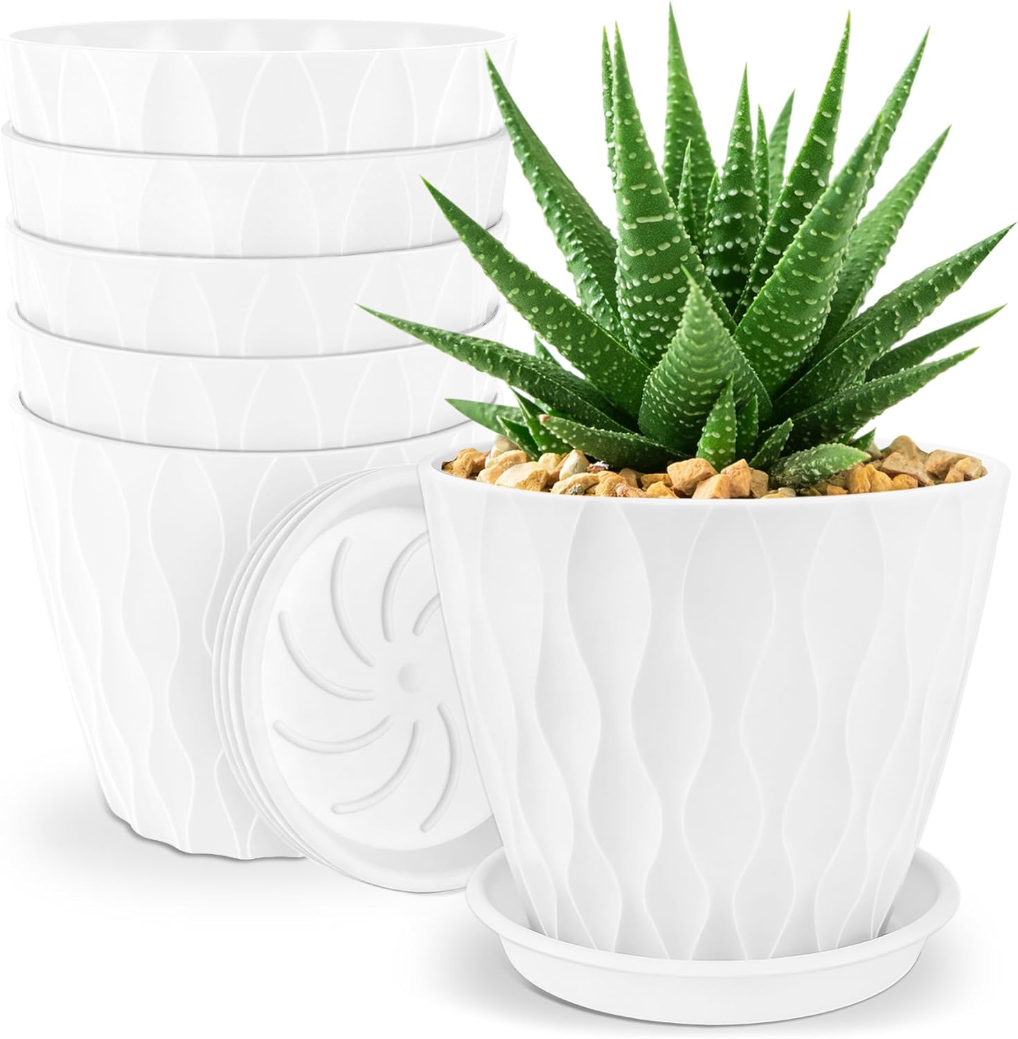 YNNICO 6 inch Plant Pots, 6 Pack Flower Pots Outdoor Indoor, Planters with Drainage Hole and Tray Saucer-White