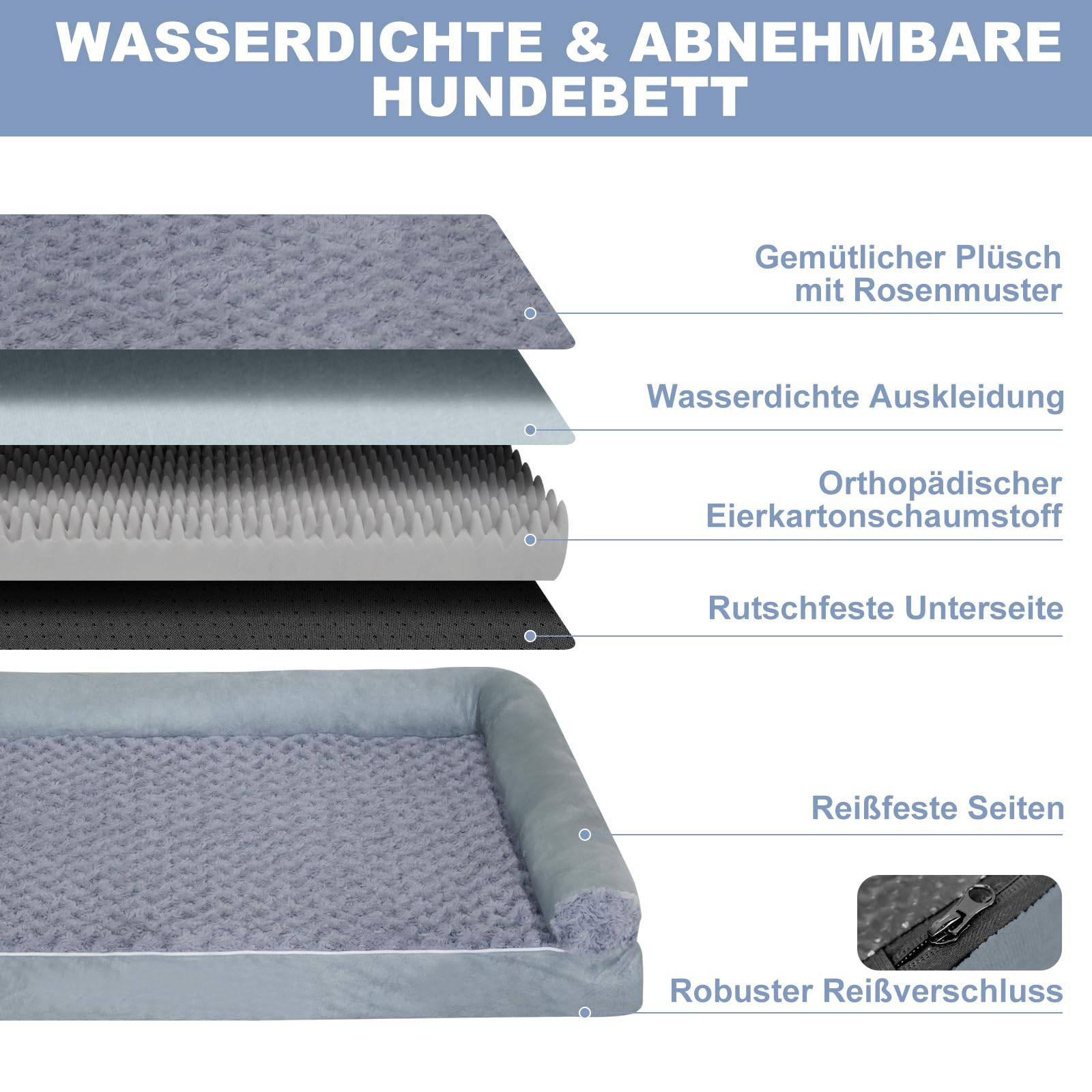 Cama ortopédica para perros, cojín impermeable para perros con espuma viscoelástica de cartón de huevos y cojín en forma de U, lavable y extraíble, sofá gris para perros con base antideslizante, 90 x