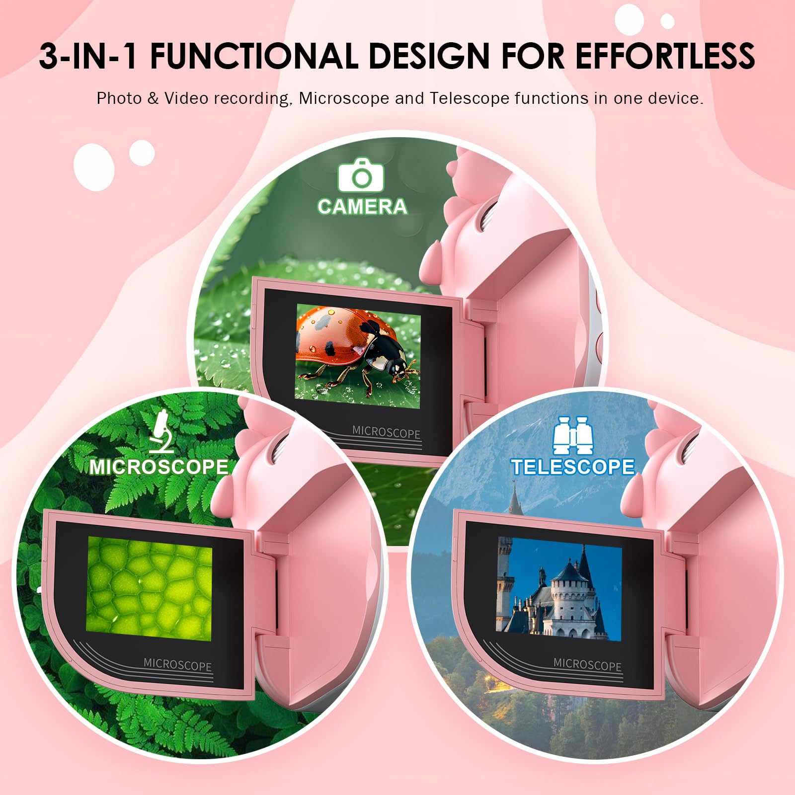 Microscope for Kids 1000X Magnification, 3-in-1 Handheld Portable Microscope with 2