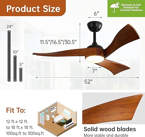 Miniatura 7 de Sofucor Ventilador de techo de madera de 52 pulgadas para interiores con luz y control remoto, ventilador de techo de 3 aspas reversibles para