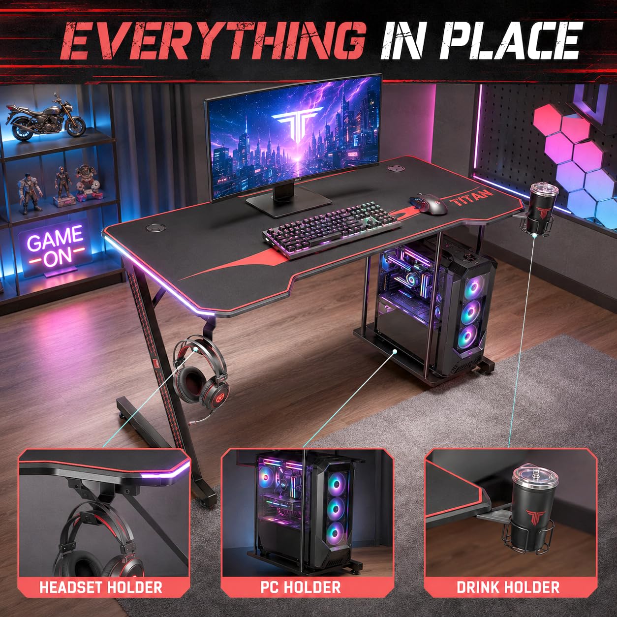MY SIT Gaming Tisch 140 cm Titan Farbwechsel LED Beleuchtung - Kopfhörerhalter PC-Halter Getränkehalter - Leistungsstarkes Kabelmanagement - Schreibtisch Gaming Computertisch in Schwarz