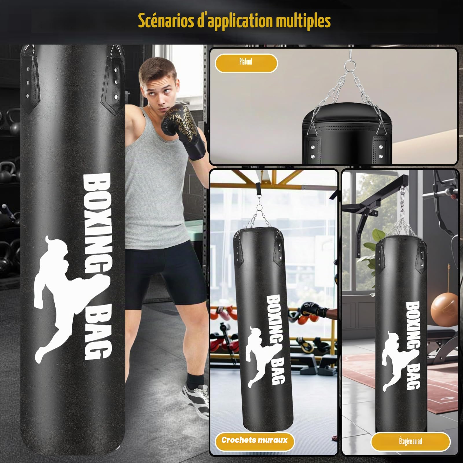 Sac de boxe pour adulte 120 cm pour garçon et enfant unisexe pour intérieur et jardin avec gants de boxe, enveloppes, chaîne, crochets de plafond pour MMA Grappling Muay Thai