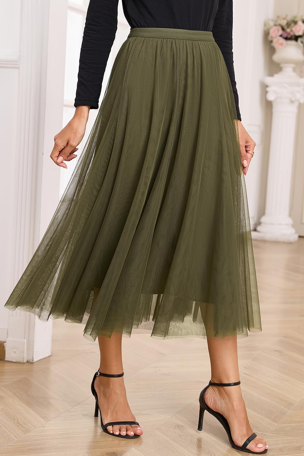 Happy Sailed Womens Tulle Skirt Elastic High Waisted A-Line Layered Flowy Long Skirts Date Night Outfit - Image 2