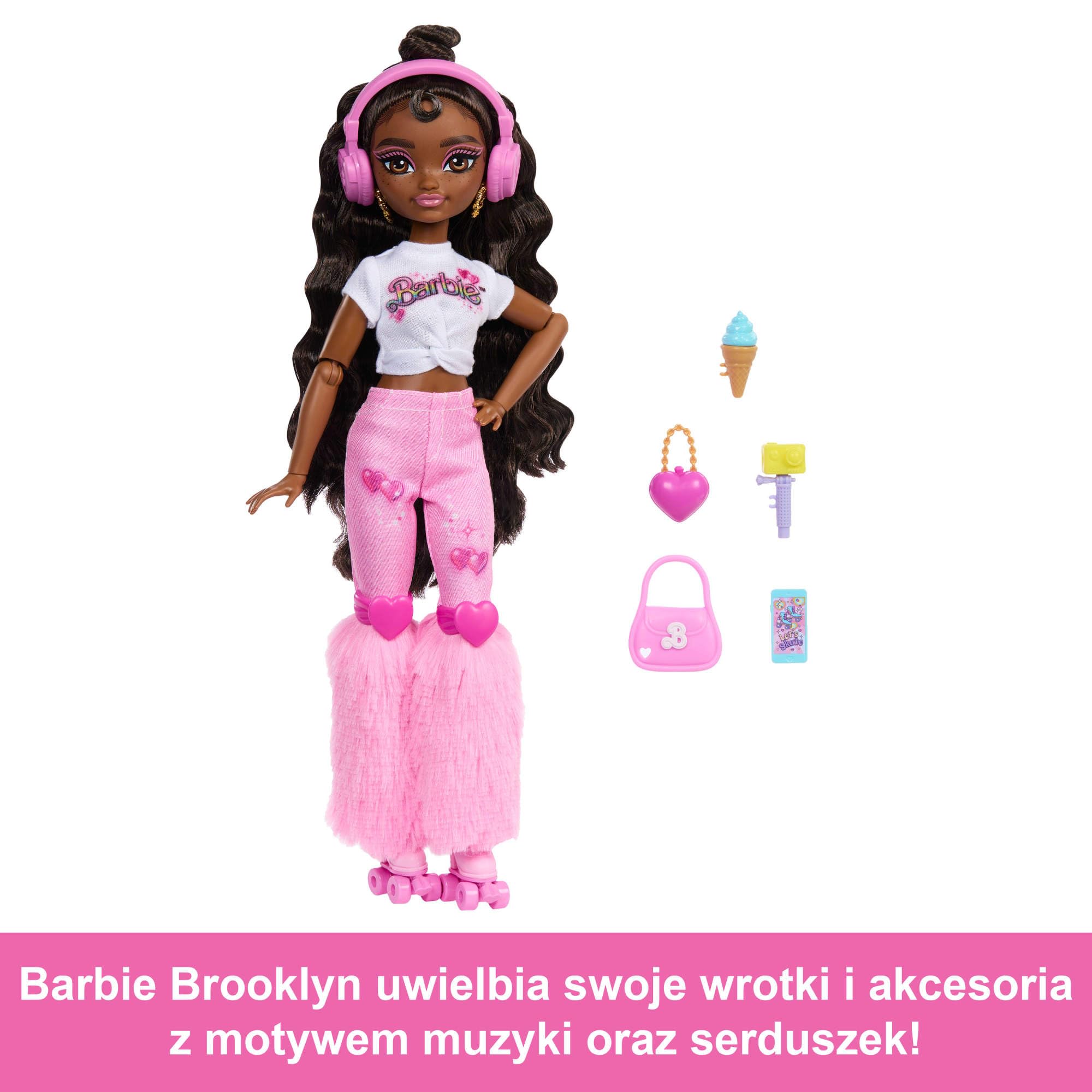 Barbie Dream Besties Lalka Brooklyn na wrotkach do ustawiania w różnych pozach, z ciemnobrązowymi włosami, wrotkami i akcesoriami z motywem muzyki, JFX97